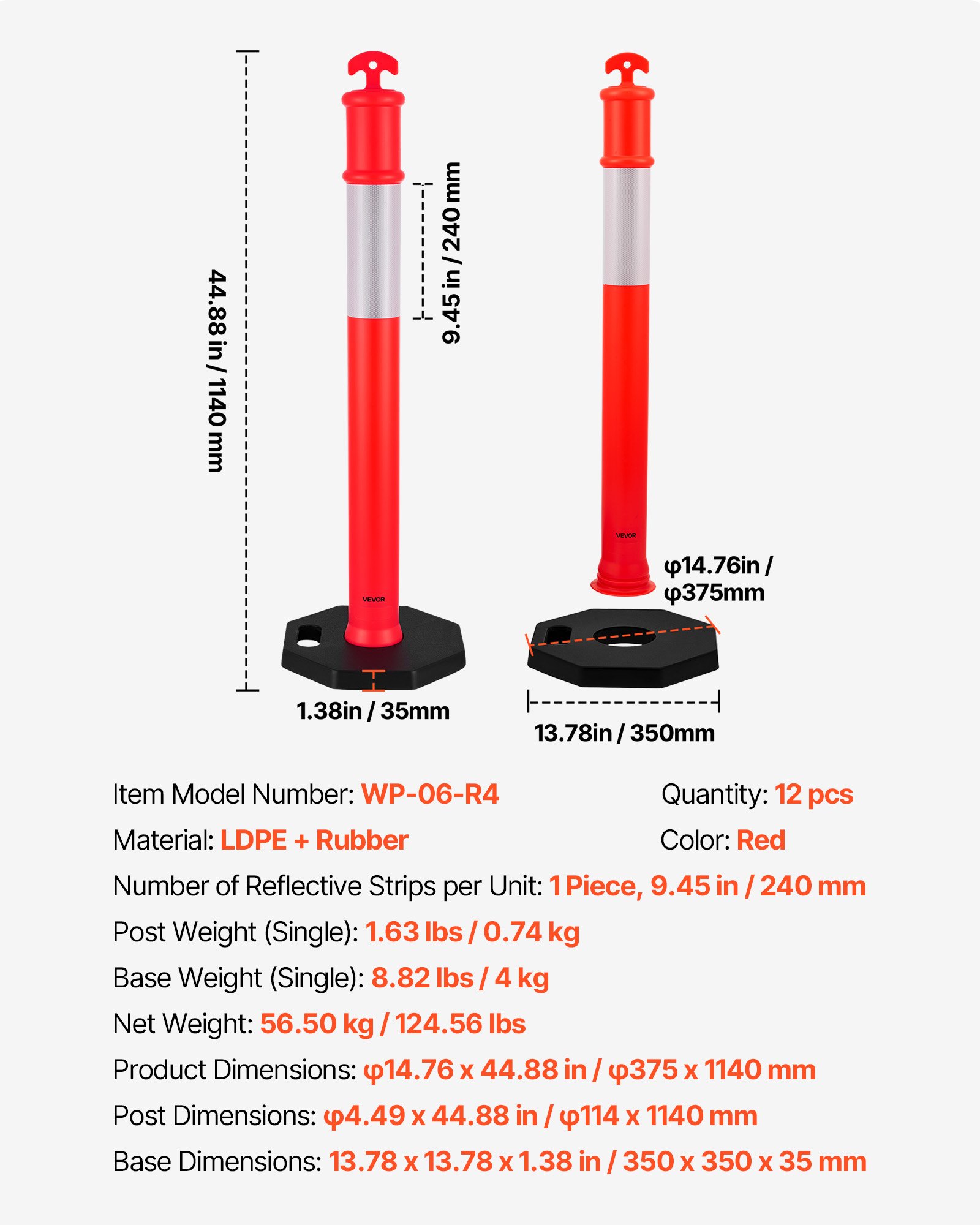 VEVOR 12 Pack Traffic Delineator Posts, 1140 mm Traffic Safety Cones with Weighted Base and Reflective Strips, Heavy Duty Delineator Posts for Construction Site, Parking Lot, Crowd Control, Red