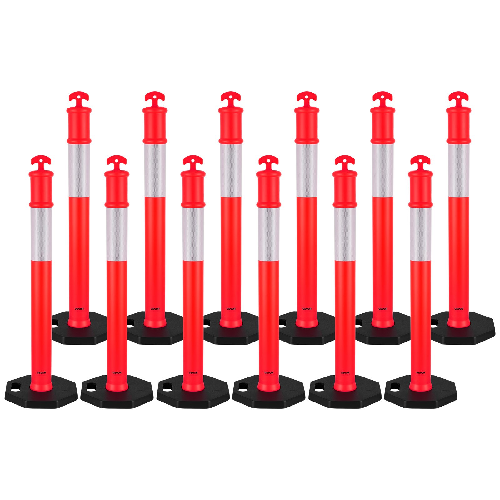 VEVOR 12 Pack Traffic Delineator Posts, 1140 mm Traffic Safety Cones with Weighted Base and Reflective Strips, Heavy Duty Delineator Posts for Construction Site, Parking Lot, Crowd Control, Red