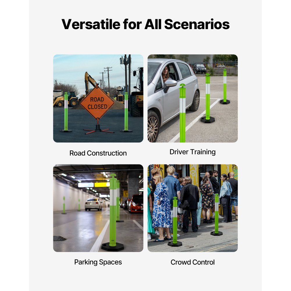 VEVOR 3 Pack Traffic Delineator Posts, 1140 mm Traffic Safety Cones with Weighted Base and Reflective Strips, Heavy Duty Delineator Posts for Construction Site, Parking Lot, Crowd Control, Green