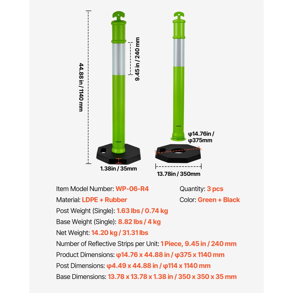 VEVOR 3 Pack Traffic Delineator Posts, 1140 mm Traffic Safety Cones with Weighted Base and Reflective Strips, Heavy Duty Delineator Posts for Construction Site, Parking Lot, Crowd Control, Green