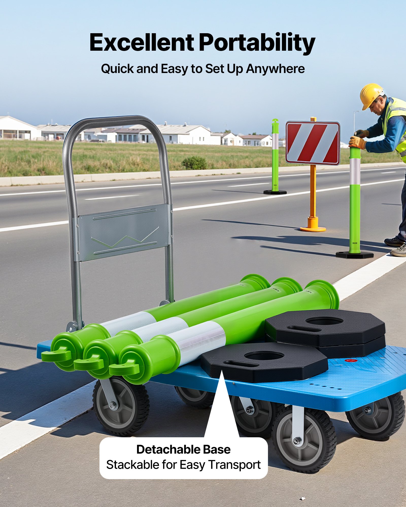 VEVOR 3 Pack Traffic Delineator Posts, 1140 mm Traffic Safety Cones with Weighted Base and Reflective Strips, Heavy Duty Delineator Posts for Construction Site, Parking Lot, Crowd Control, Green