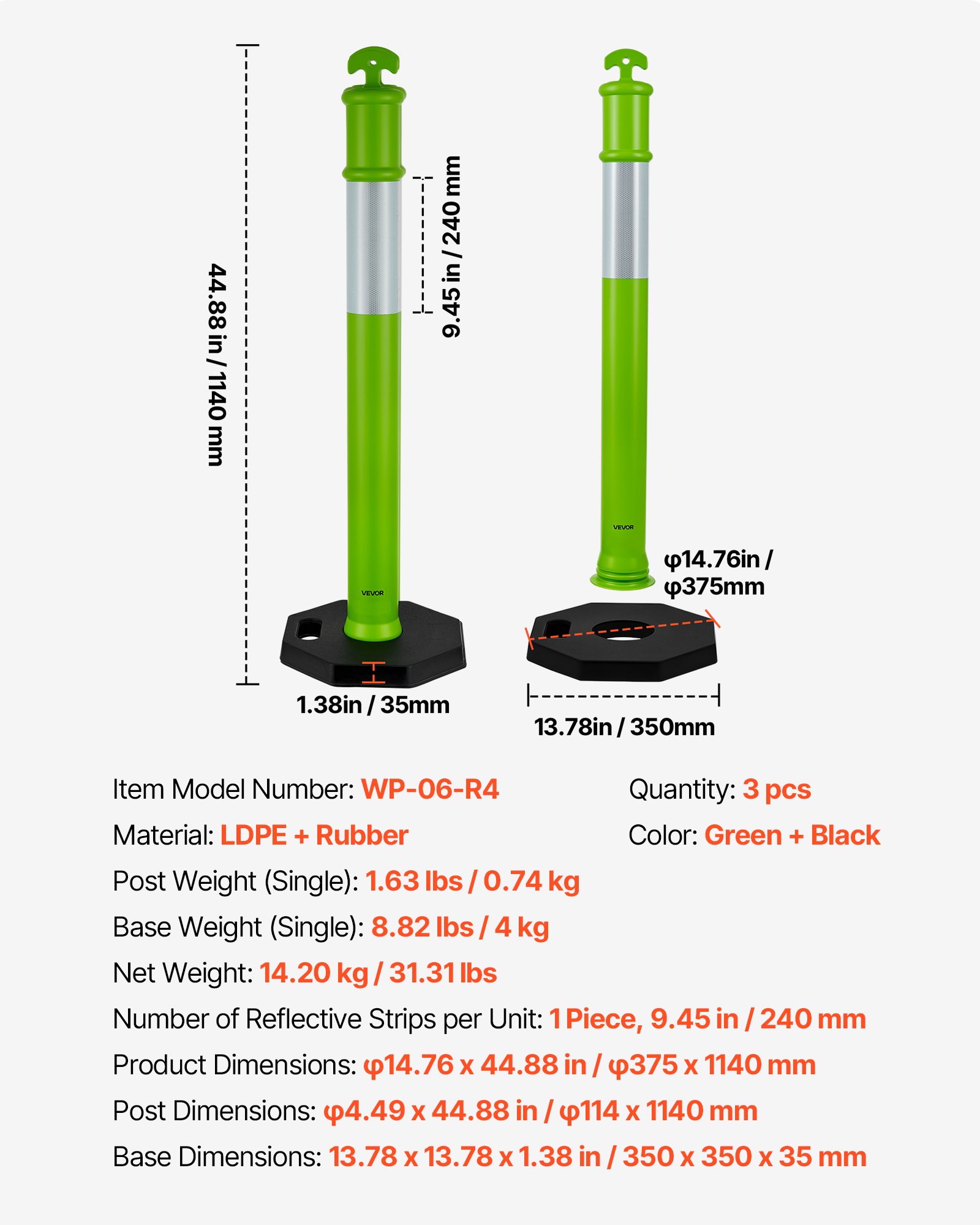VEVOR 3 Pack Traffic Delineator Posts, 1140 mm Traffic Safety Cones with Weighted Base and Reflective Strips, Heavy Duty Delineator Posts for Construction Site, Parking Lot, Crowd Control, Green