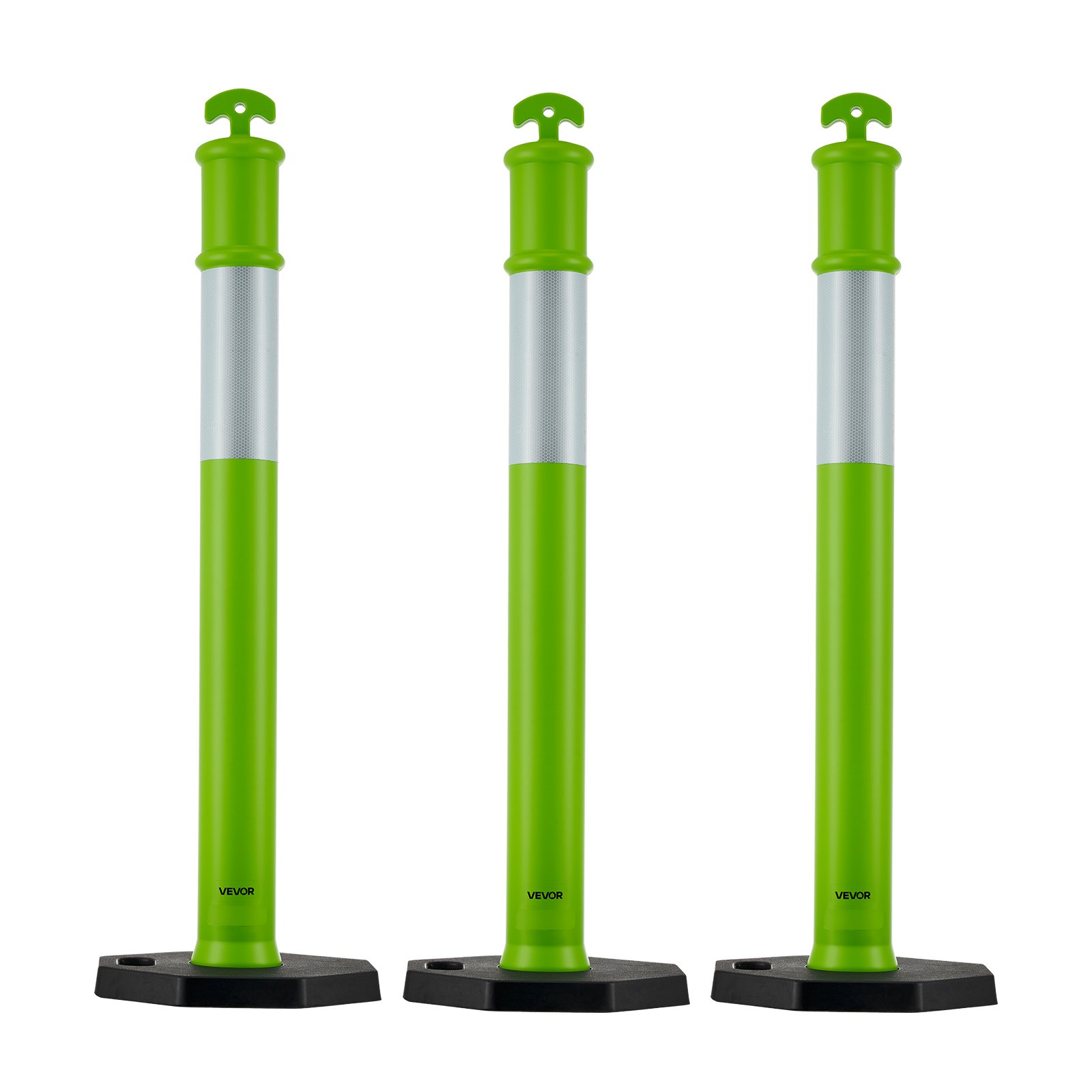 VEVOR 3 Pack Traffic Delineator Posts, 1140 mm Traffic Safety Cones with Weighted Base and Reflective Strips, Heavy Duty Delineator Posts for Construction Site, Parking Lot, Crowd Control, Green