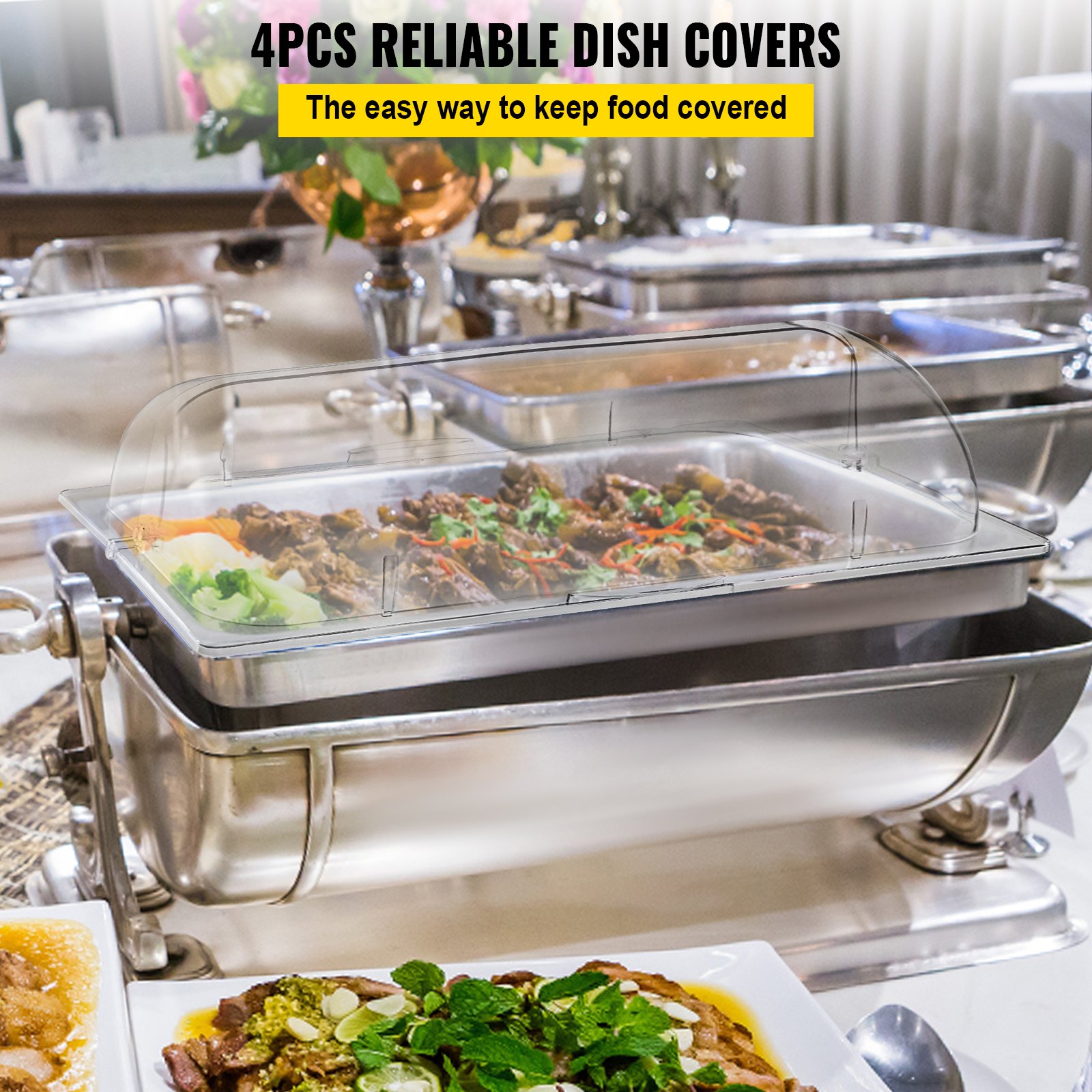 VEVOR 4 Packs Chafing Dish Cover Clear 21"x13"x17" Full Size Roll Top Chafing Dish Clear Plastic Bakery Pan Display Cover