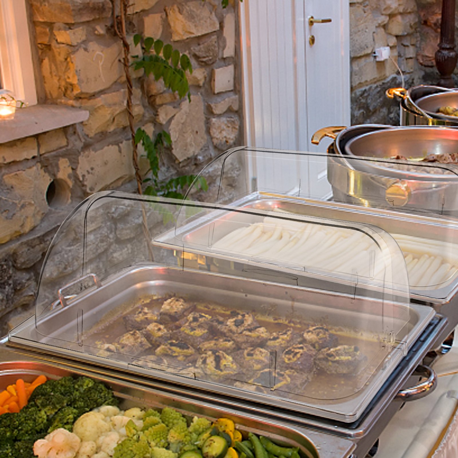 6 PACK Full Size Roll Top Chafing Dish Clear Plastic Bakery Pan Display Cover 21"x13"x17" (LxWxH) of Set