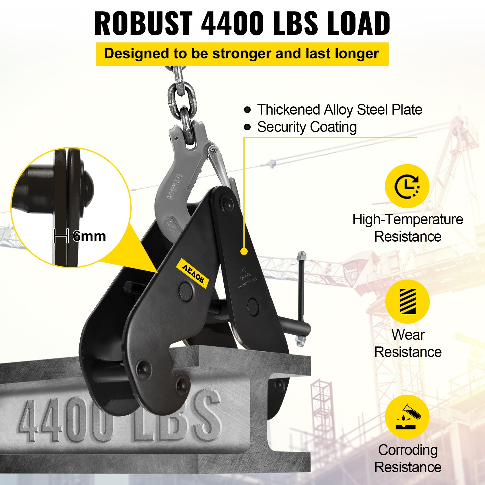 VEVOR beam clamp with 4400 lbs load, thickened alloy steel, and high resistance features.