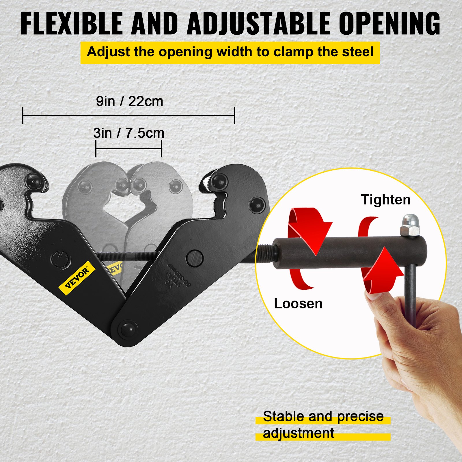 VEVOR beam clamp with adjustable opening and stable, precise adjustment mechanism.