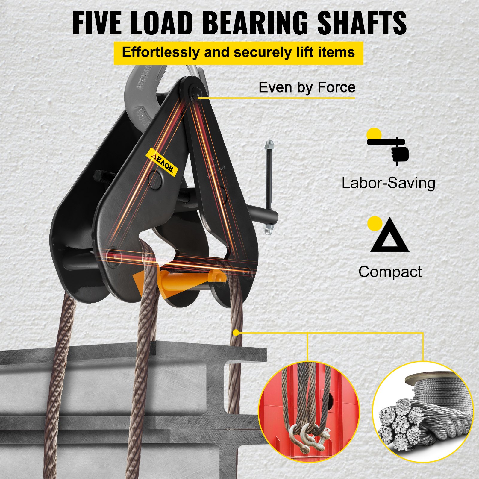VEVOR beam clamp with five load-bearing shafts, labor-saving, compact design.