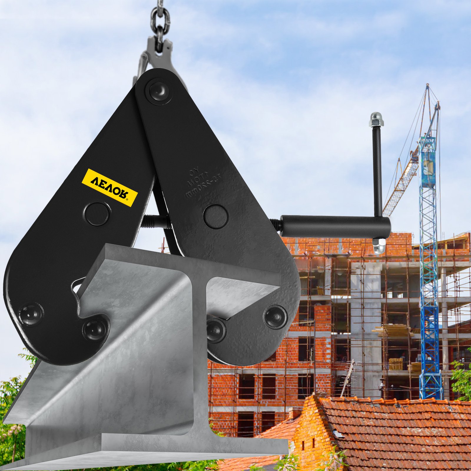 VEVOR beam clamp lifting an i-beam with a construction site backdrop.