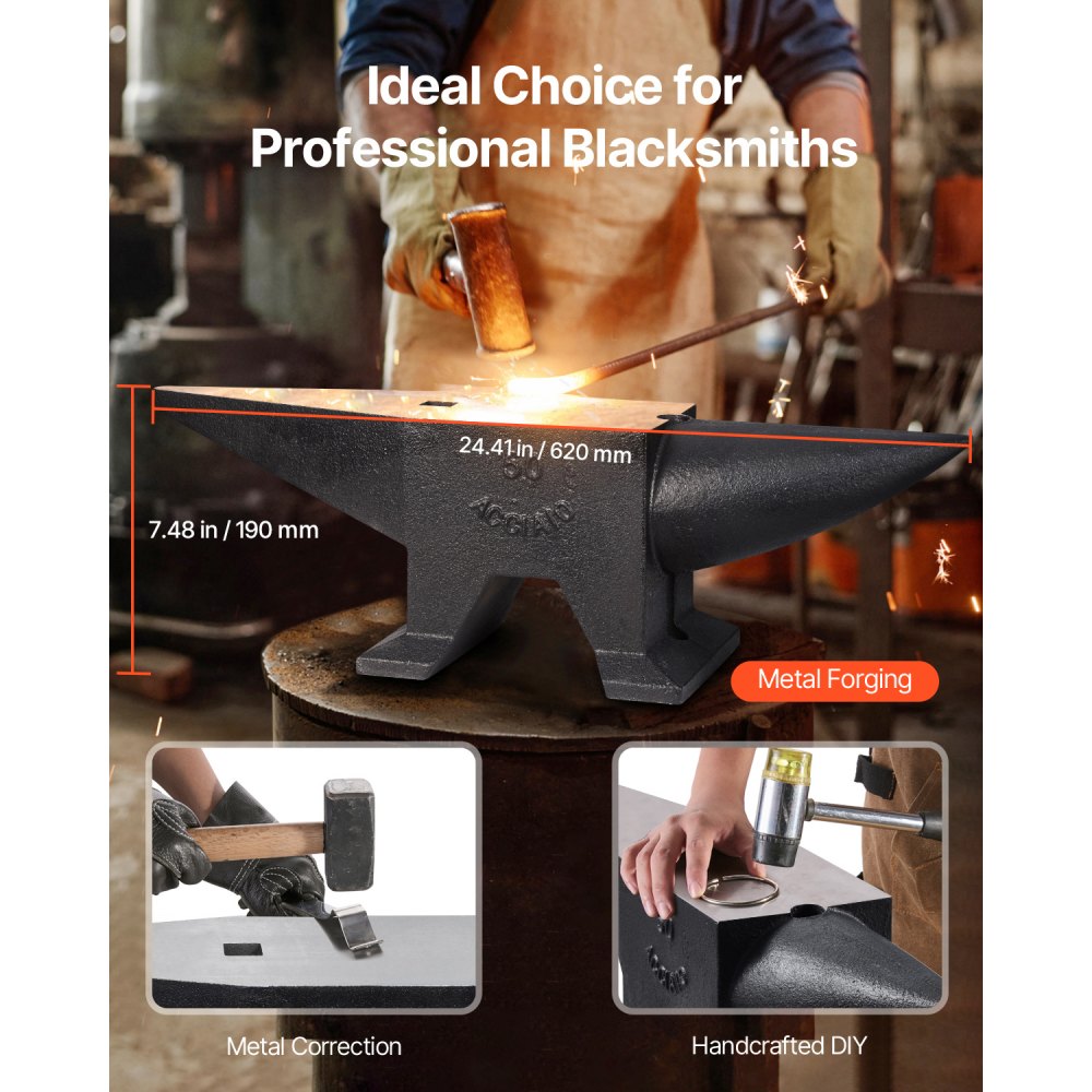 VEVOR Cast Iron Anvil, 105 Lbs Single Horn Anvil with Large Countertop and Stable Base, High Hardness Rugged Round Horn Anvil Blacksmith, for Bending, Shaping