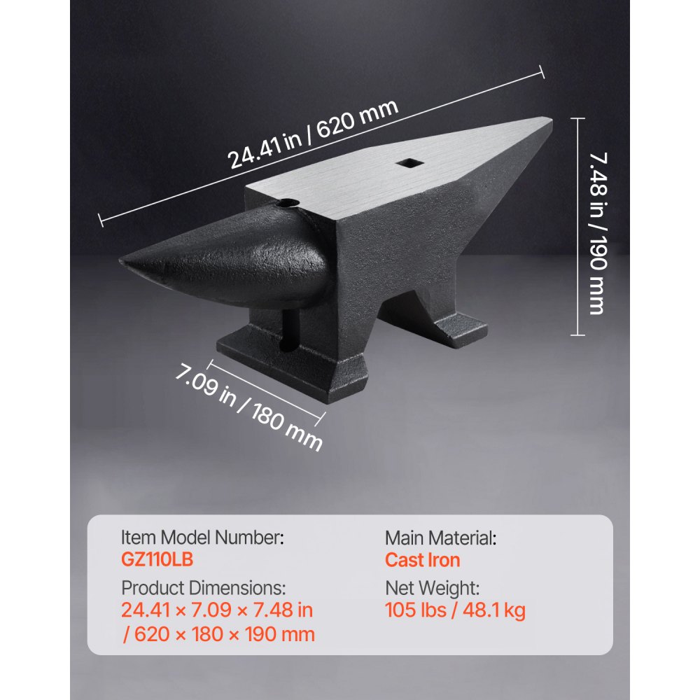 VEVOR Cast Iron Anvil, 105 Lbs Single Horn Anvil with Large Countertop and Stable Base, High Hardness Rugged Round Horn Anvil Blacksmith, for Bending, Shaping