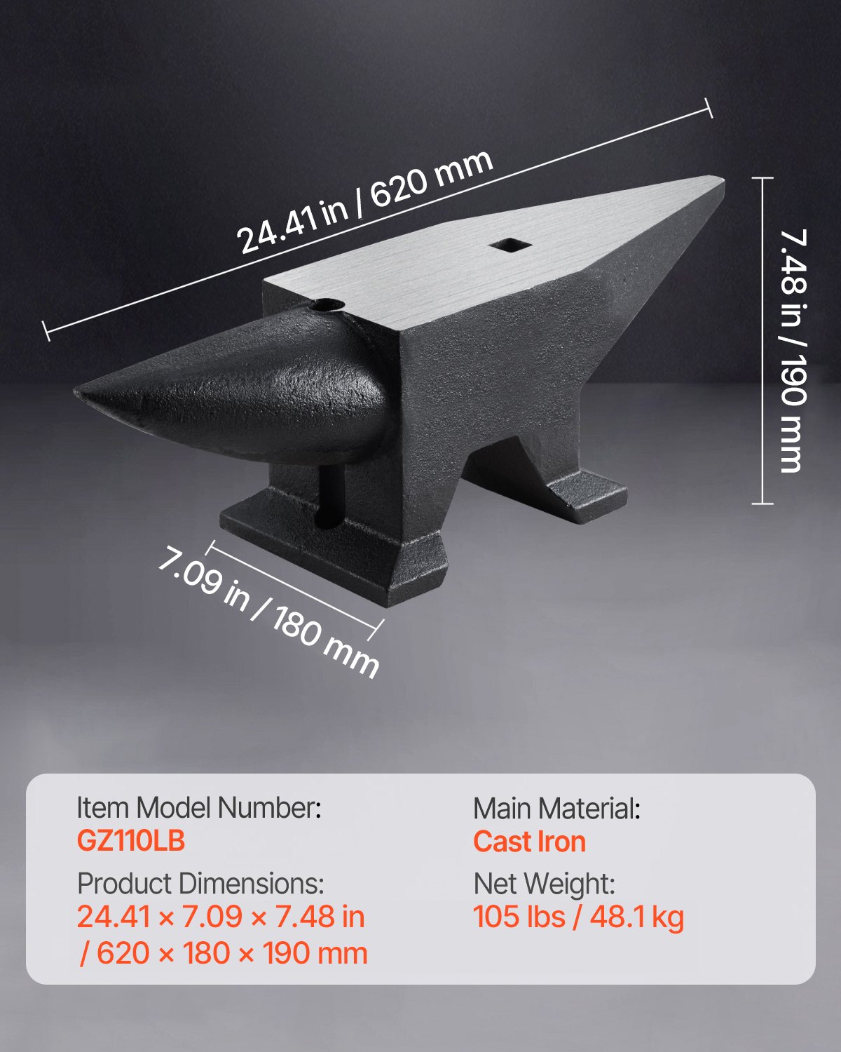 VEVOR Cast Iron Anvil, 105 Lbs Single Horn Anvil with Large Countertop and Stable Base, High Hardness Rugged Round Horn Anvil Blacksmith, for Bending, Shaping
