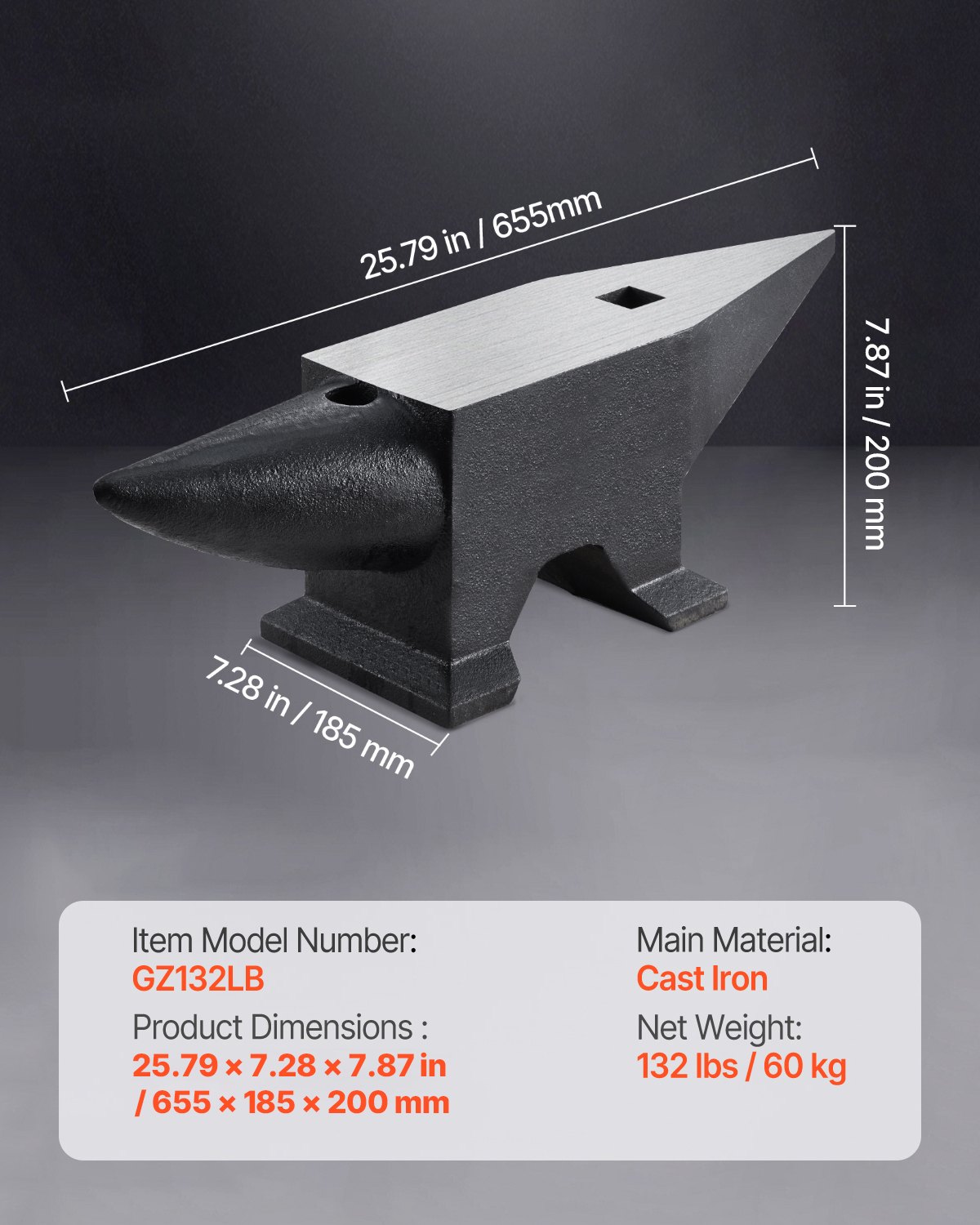 VEVOR Cast Steel Anvil, 132 Lbs(60kg) Single Horn Anvil with Large Countertop and Stable Base, High Hardness Rugged Round Horn Anvil Blacksmith, for Bending, Shaping