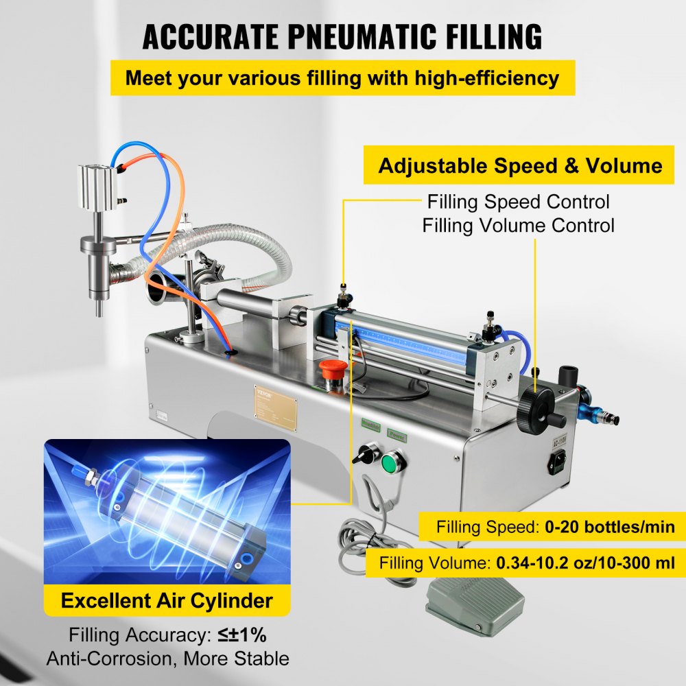 VEVOR Máquina de llenado de líquidos neumática horizontal 10-300 ml, máquina de llenado de botellas neumática de un solo cabezal, llenador de líquidos semiautomático 0.4-0.6MP Presión de aire para líquidos de agua y aceite