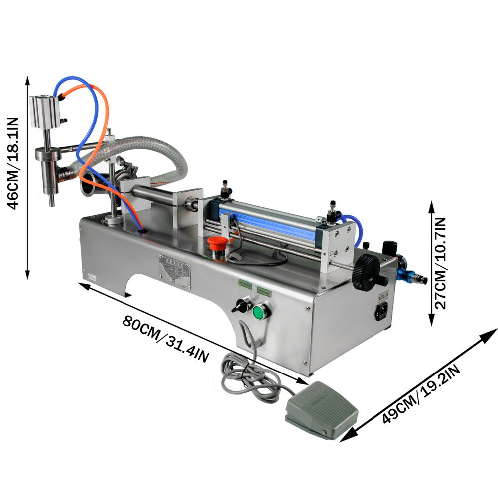 VEVOR Máquina de llenado de líquidos neumática horizontal 5-100 ml, Máquina de llenado de botellas neumática Cabezal único, Llenadora de líquidos semiautomática 0.4-0.6MP Presión de aire para líquidos de agua y aceite