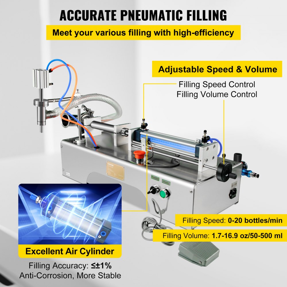 VEVOR Máquina de llenado de líquidos neumática horizontal 50-500 ml, máquina de llenado de botellas neumática de un solo cabezal, llenador de líquidos semiautomático 0.4-0.6MP Presión de aire para líquidos de agua y aceite