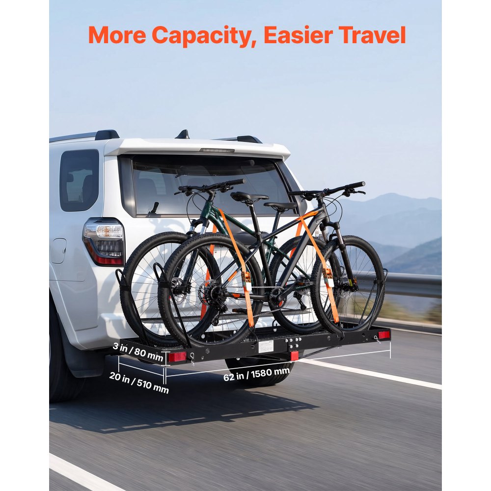 VEVOR Hitch Cargo Carrier with Bike Racks, 1580 x 510 x 80 mm Hitch Mount Cargo Carrier for 2 Mountain Bikes, 227KG Capacity High-Strength Steel Rear Luggage Basket Fits 2" Receiver for SUVs Pickups
