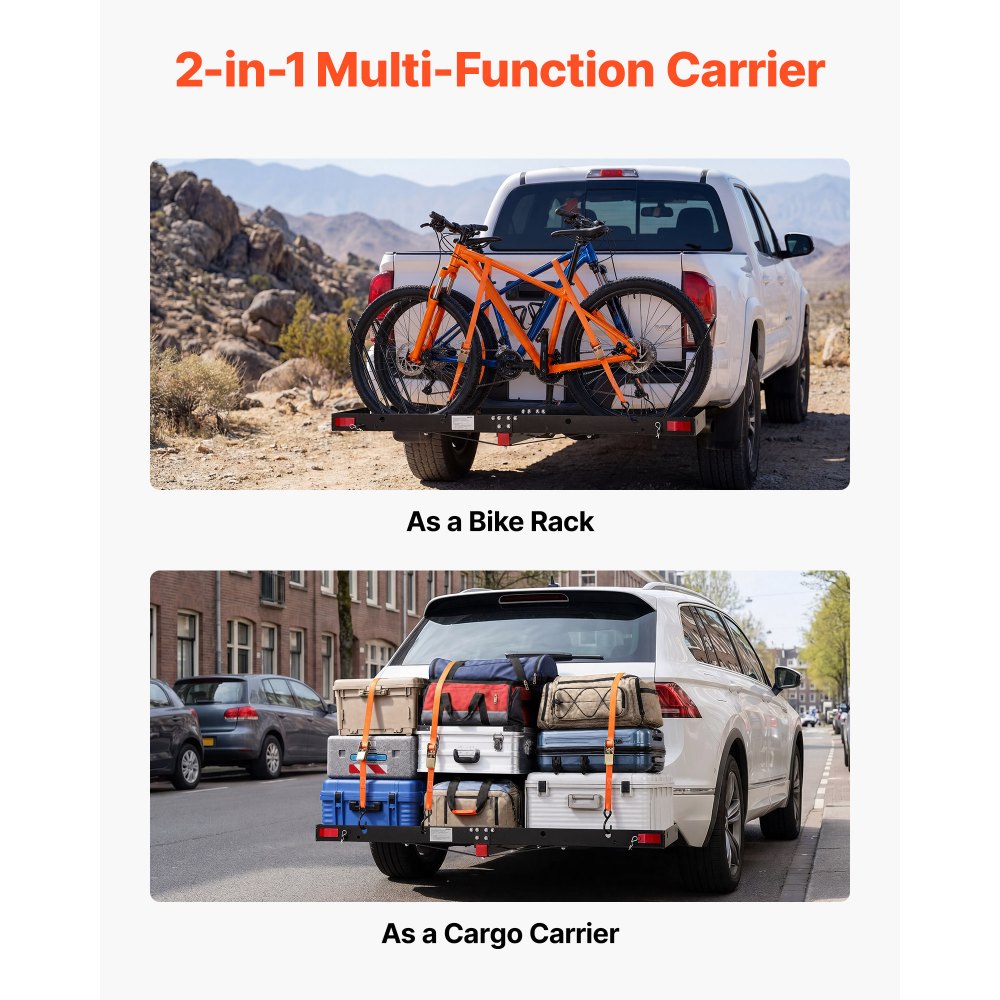 VEVOR Hitch Cargo Carrier with Bike Racks, 1580 x 510 x 80 mm Hitch Mount Cargo Carrier for 2 Mountain Bikes, 227KG Capacity High-Strength Steel Rear Luggage Basket Fits 2" Receiver for SUVs Pickups