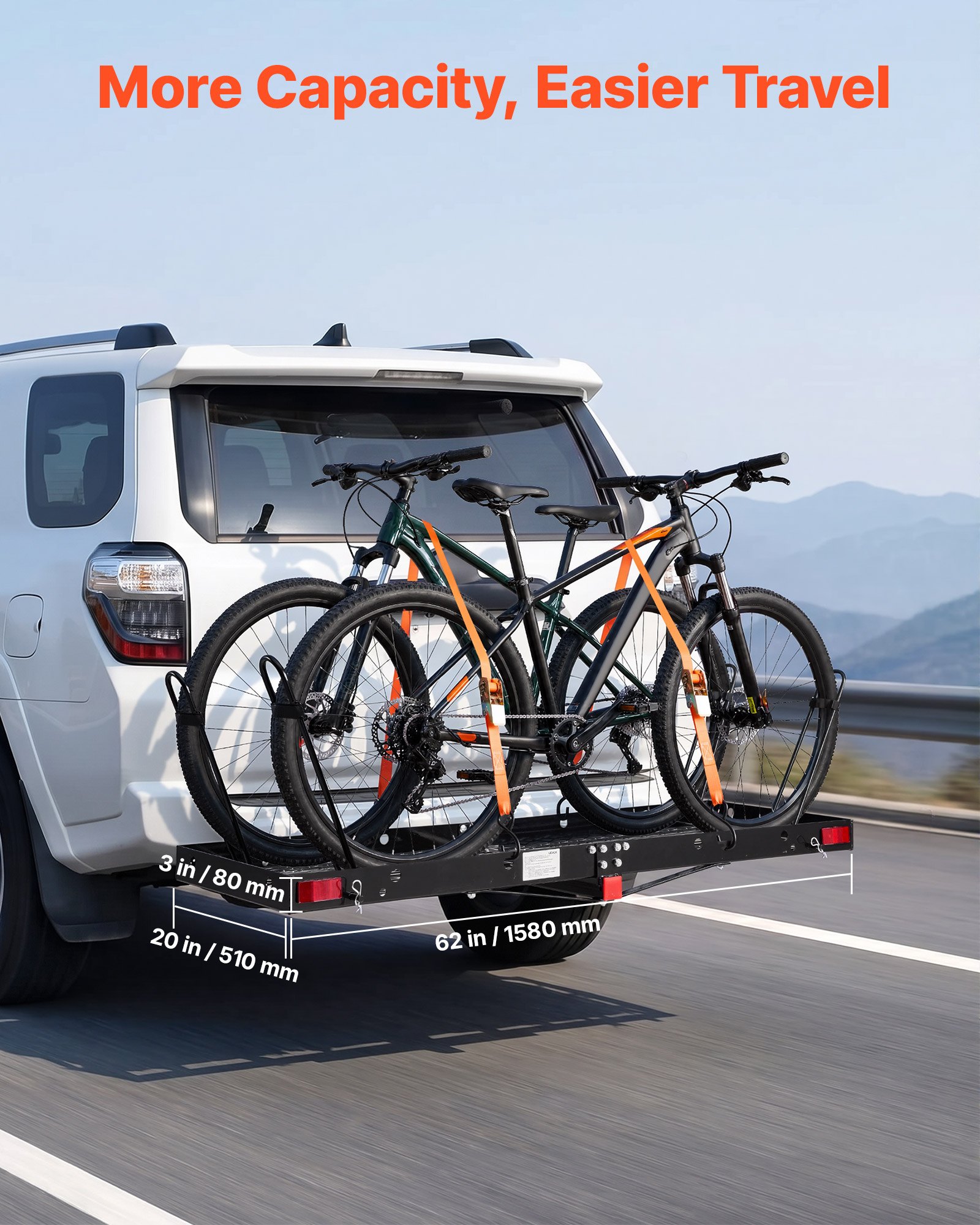 VEVOR Hitch Cargo Carrier with Bike Racks, 1580 x 510 x 80 mm Hitch Mount Cargo Carrier for 2 Mountain Bikes, 227KG Capacity High-Strength Steel Rear Luggage Basket Fits 2" Receiver for SUVs Pickups