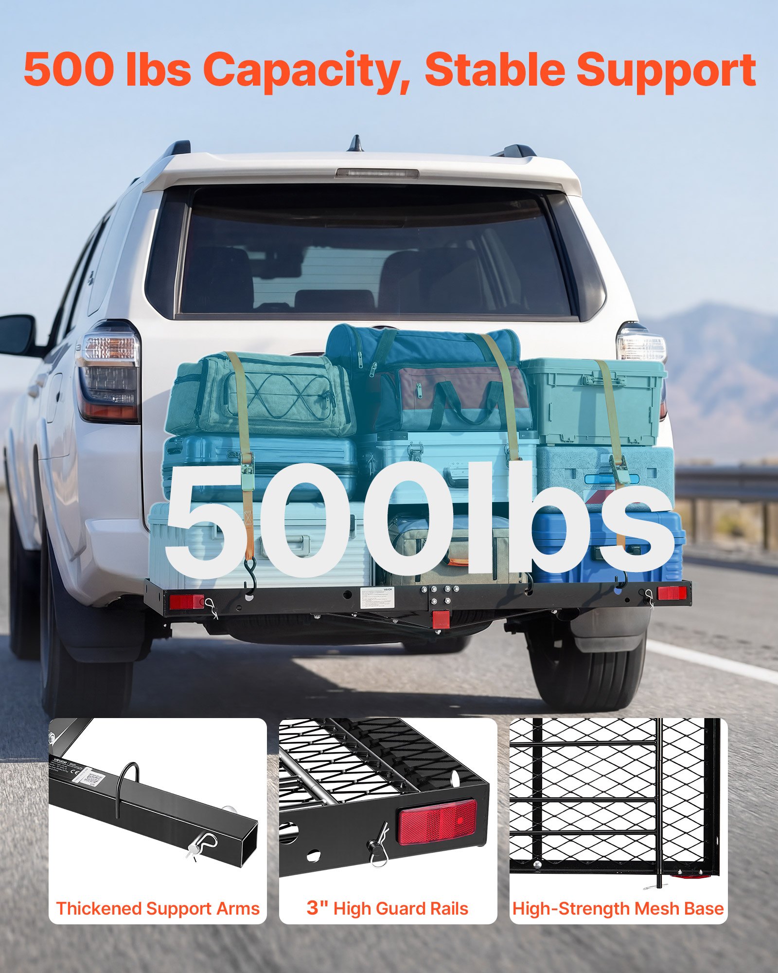 VEVOR Hitch Cargo Carrier with Bike Racks, 1580 x 510 x 80 mm Hitch Mount Cargo Carrier for 2 Mountain Bikes, 227KG Capacity High-Strength Steel Rear Luggage Basket Fits 2" Receiver for SUVs Pickups
