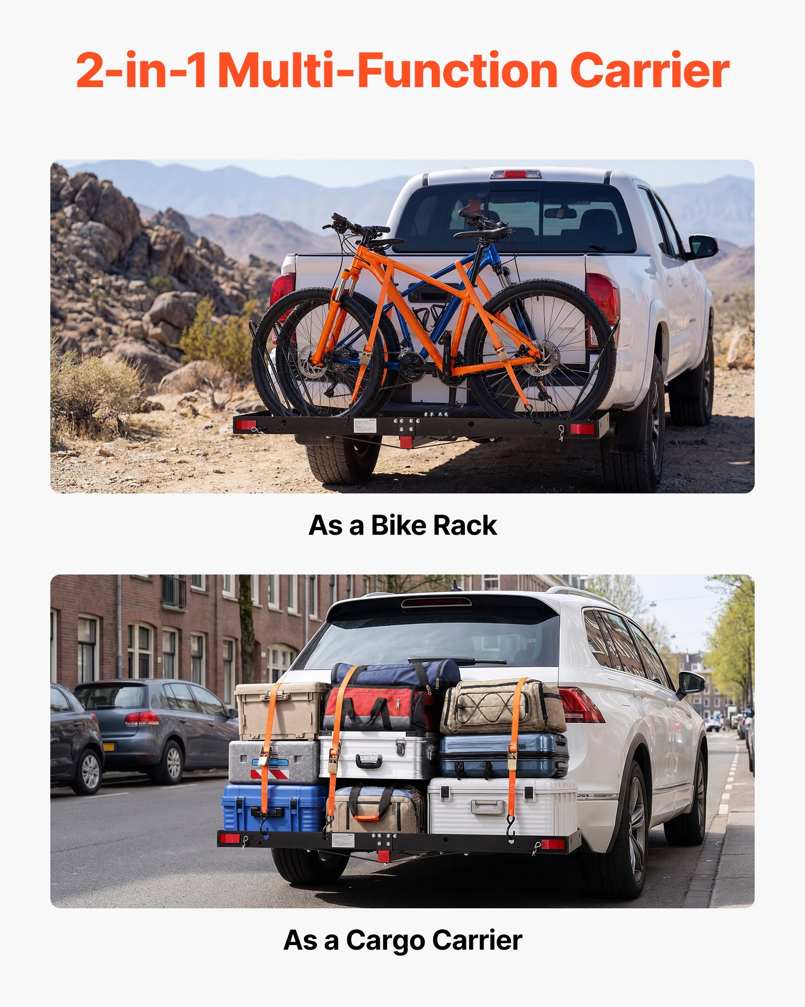 VEVOR Hitch Cargo Carrier with Bike Racks, 1580 x 510 x 80 mm Hitch Mount Cargo Carrier for 2 Mountain Bikes, 227KG Capacity High-Strength Steel Rear Luggage Basket Fits 2" Receiver for SUVs Pickups