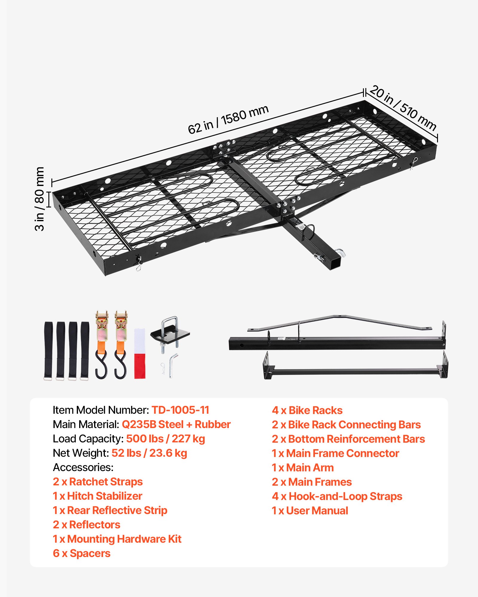 VEVOR Hitch Cargo Carrier with Bike Racks, 1580 x 510 x 80 mm Hitch Mount Cargo Carrier for 2 Mountain Bikes, 227KG Capacity High-Strength Steel Rear Luggage Basket Fits 2" Receiver for SUVs Pickups
