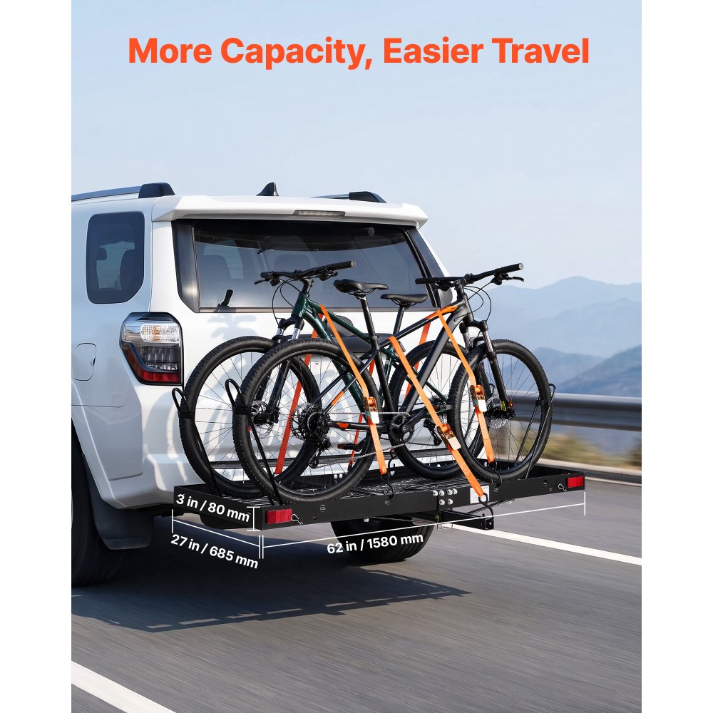 VEVOR Hitch Cargo Carrier with Bike Racks, 1580 x 685 x 80 mm Hitch Mount Cargo Carrier for up to 4 Mountain Bikes, 227KG Capacity High-Strength Steel Rear Luggage Basket Fits 2" Receiver for SUV Pickups