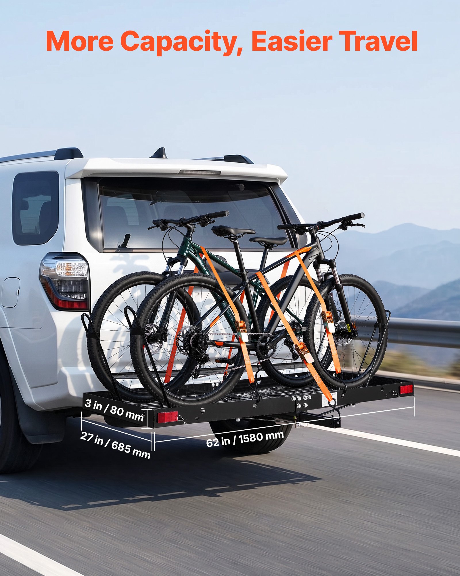VEVOR Hitch Cargo Carrier with Bike Racks, 1580 x 685 x 80 mm Hitch Mount Cargo Carrier for up to 4 Mountain Bikes, 227KG Capacity High-Strength Steel Rear Luggage Basket Fits 2" Receiver for SUV Pickups
