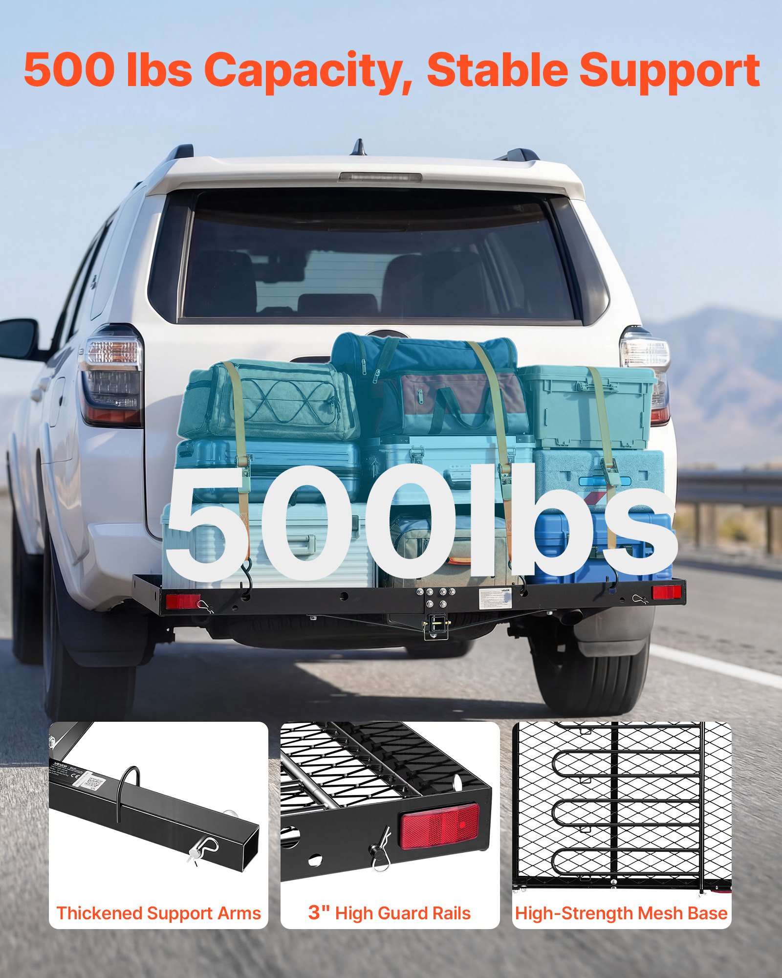 VEVOR Hitch Cargo Carrier with Bike Racks, 1580 x 685 x 80 mm Hitch Mount Cargo Carrier for up to 4 Mountain Bikes, 227KG Capacity High-Strength Steel Rear Luggage Basket Fits 2" Receiver for SUV Pickups