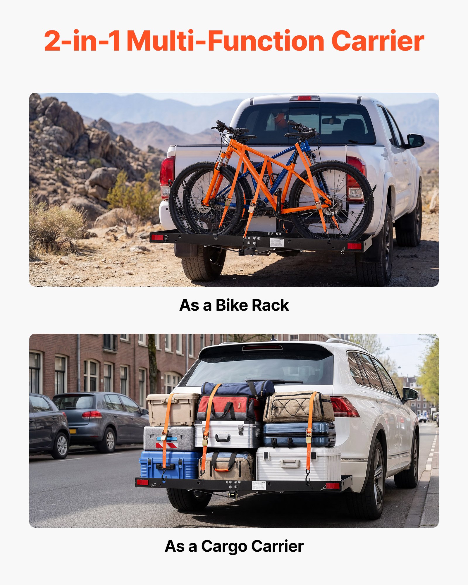 VEVOR Hitch Cargo Carrier with Bike Racks, 1580 x 685 x 80 mm Hitch Mount Cargo Carrier for up to 4 Mountain Bikes, 227KG Capacity High-Strength Steel Rear Luggage Basket Fits 2" Receiver for SUV Pickups