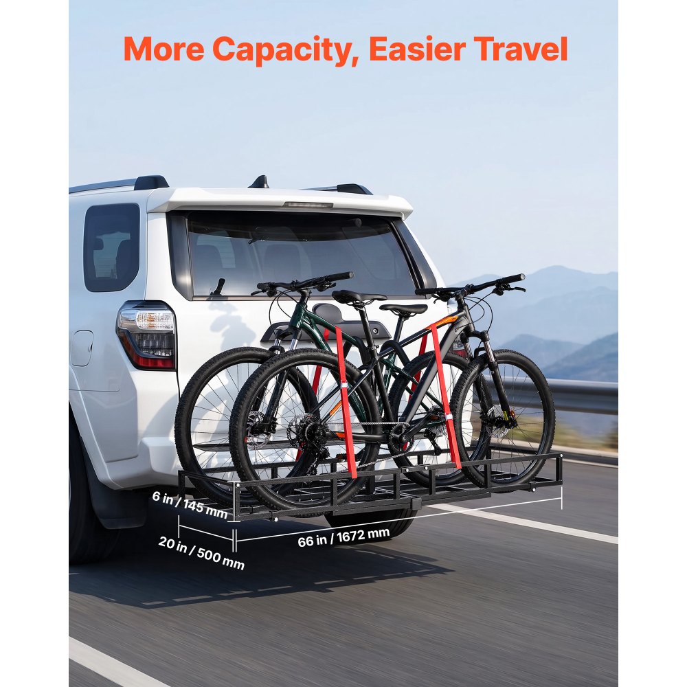 VEVOR Hitch Cargo Carrier Bike Rack, 1672 x 500 x 145 mm Folding Hitch Mount Cargo Carrier for 2 Fat Tire/Mountain Bikes, 227KG Capacity High-Strength Luggage Basket Fits 2" Receiver for SUV Pickups