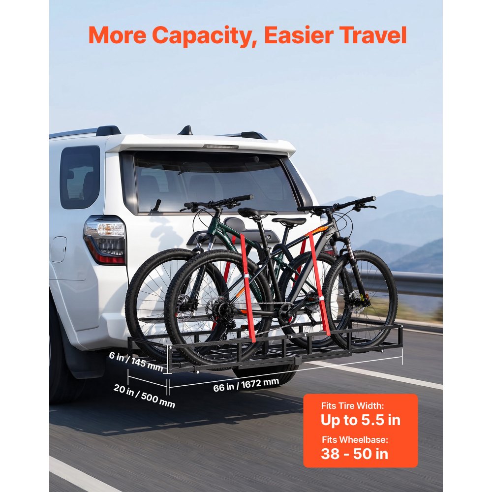 VEVOR Hitch Cargo Carrier Bike Rack, 1672 x 500 x 145 mm Folding Hitch Mount Cargo Carrier for 2 Fat Tire/Mountain Bikes, 227KG Capacity High-Strength Luggage Basket Fits 2" Receiver for SUV Pickups