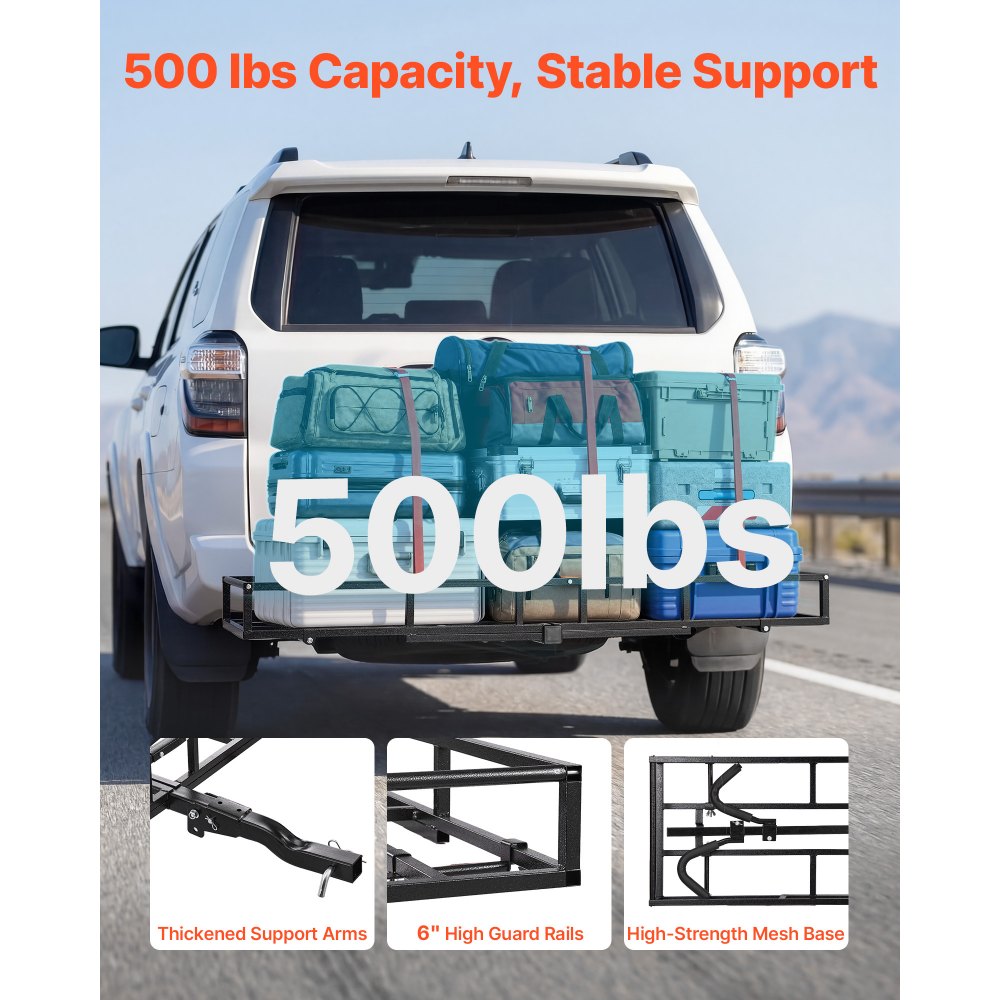 VEVOR Hitch Cargo Carrier Bike Rack, 1672 x 500 x 145 mm Folding Hitch Mount Cargo Carrier for 2 Fat Tire/Mountain Bikes, 227KG Capacity High-Strength Luggage Basket Fits 2" Receiver for SUV Pickups
