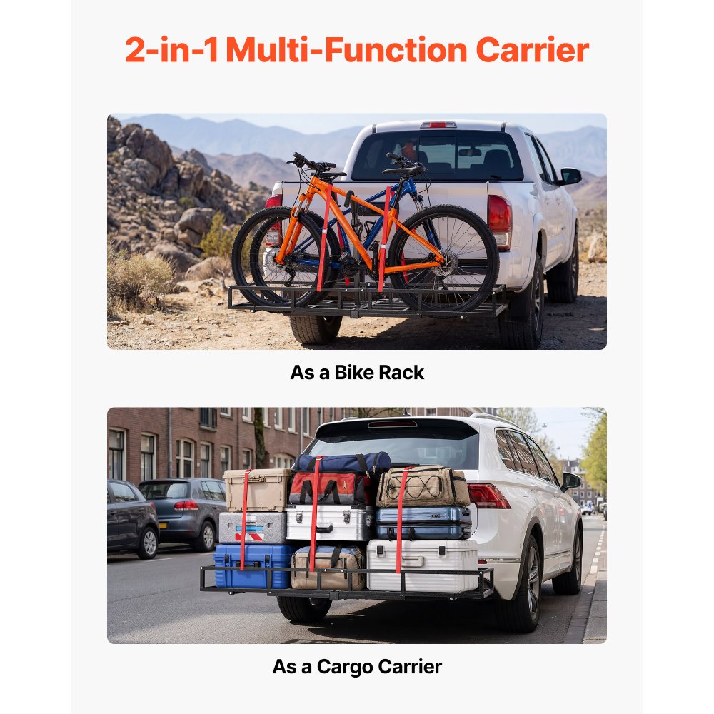 VEVOR Hitch Cargo Carrier Bike Rack, 1672 x 500 x 145 mm Folding Hitch Mount Cargo Carrier for 2 Fat Tire/Mountain Bikes, 227KG Capacity High-Strength Luggage Basket Fits 2" Receiver for SUV Pickups