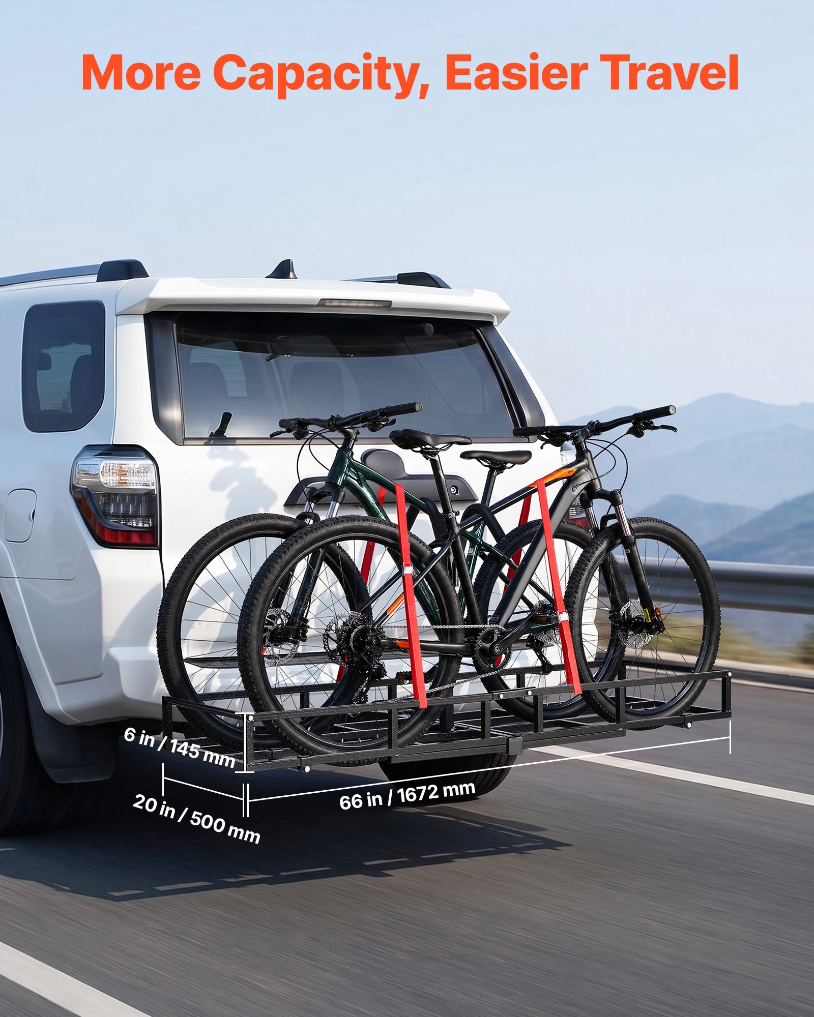VEVOR Hitch Cargo Carrier Bike Rack, 1672 x 500 x 145 mm Folding Hitch Mount Cargo Carrier for 2 Fat Tire/Mountain Bikes, 227KG Capacity High-Strength Luggage Basket Fits 2" Receiver for SUV Pickups