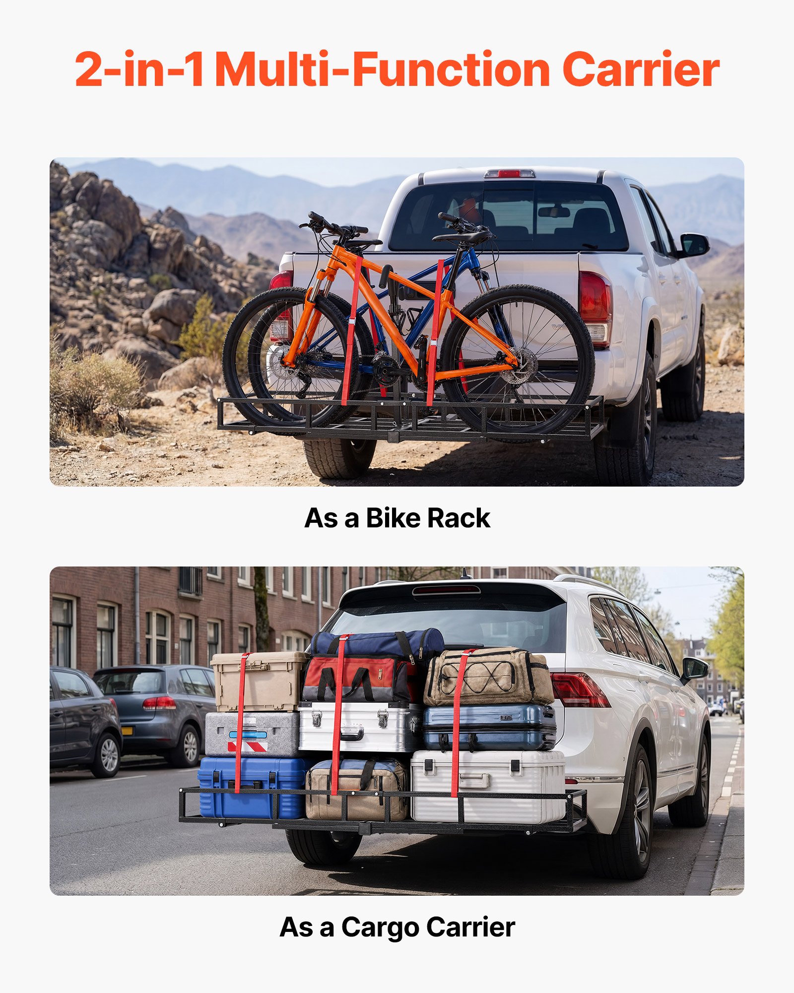VEVOR Hitch Cargo Carrier Bike Rack, 66" x 20" x 6" Folding Hitch Mount Cargo Carrier for 2 Fat Tire/Mountain Bikes, 500LBS Capacity High-Strength Steel Luggage Basket Fits 2" Receiver for SUV Pickups