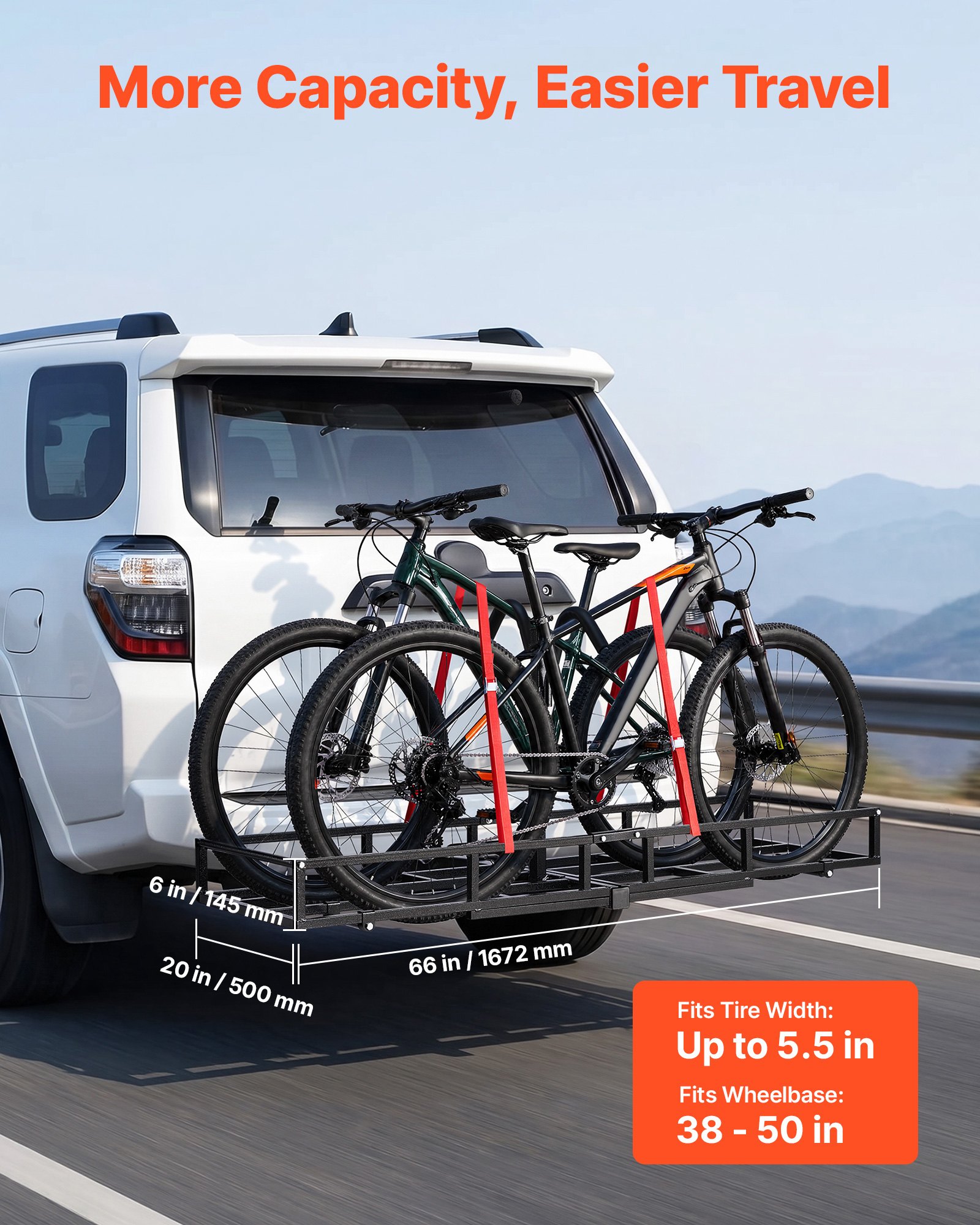 VEVOR Hitch Cargo Carrier Bike Rack, 1672 x 500 x 145 mm Folding Hitch Mount Cargo Carrier for 2 Fat Tire/Mountain Bikes, 227KG Capacity High-Strength Luggage Basket Fits 2" Receiver for SUV Pickups