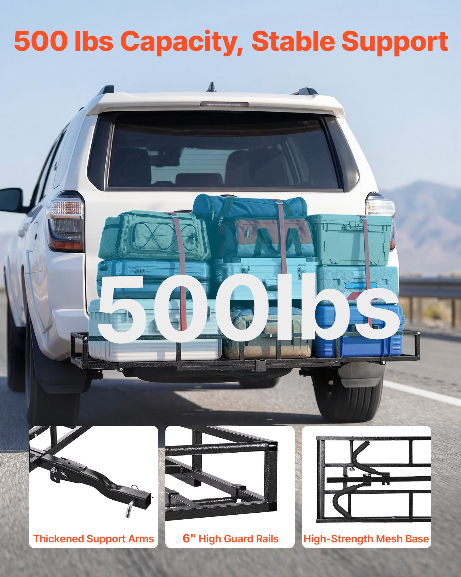 VEVOR Hitch Cargo Carrier Bike Rack, 1672 x 500 x 145 mm Folding Hitch Mount Cargo Carrier for 2 Fat Tire/Mountain Bikes, 227KG Capacity High-Strength Luggage Basket Fits 2" Receiver for SUV Pickups