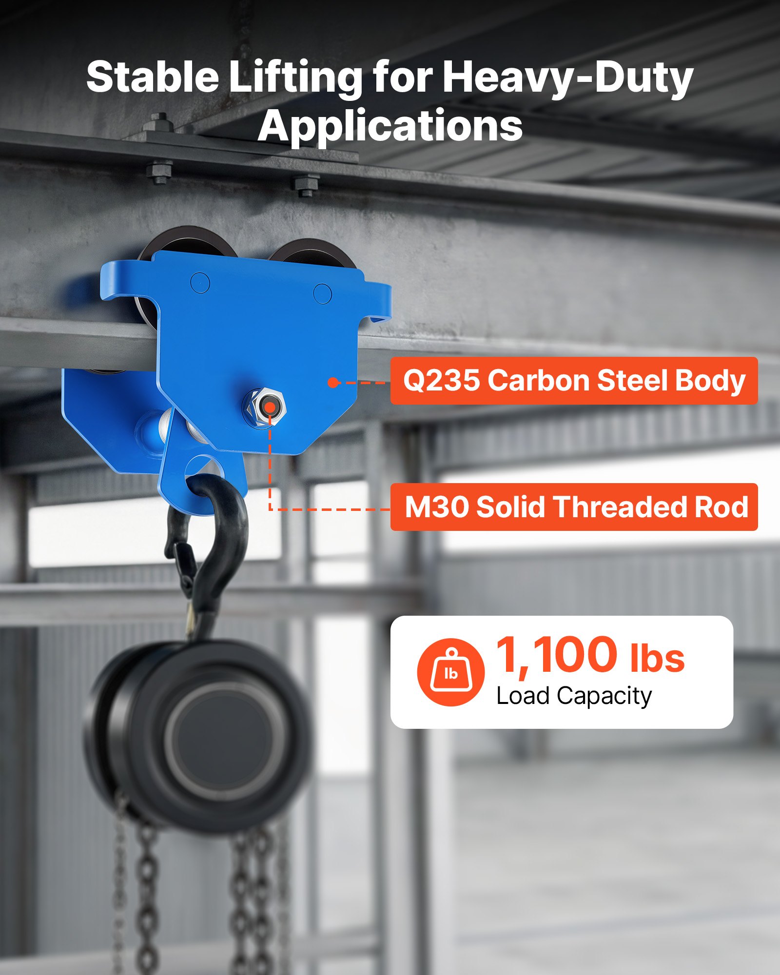 VEVOR Manual Trolley, 0.5 Ton Load Capacity, Push Beam Trolley with Dual Wheels, Adjustable for I-Beam Flange Width 53 mm to 140 mm, Heavy Duty Carbon Steel Garage Hoist for Straight & Curved I Beam