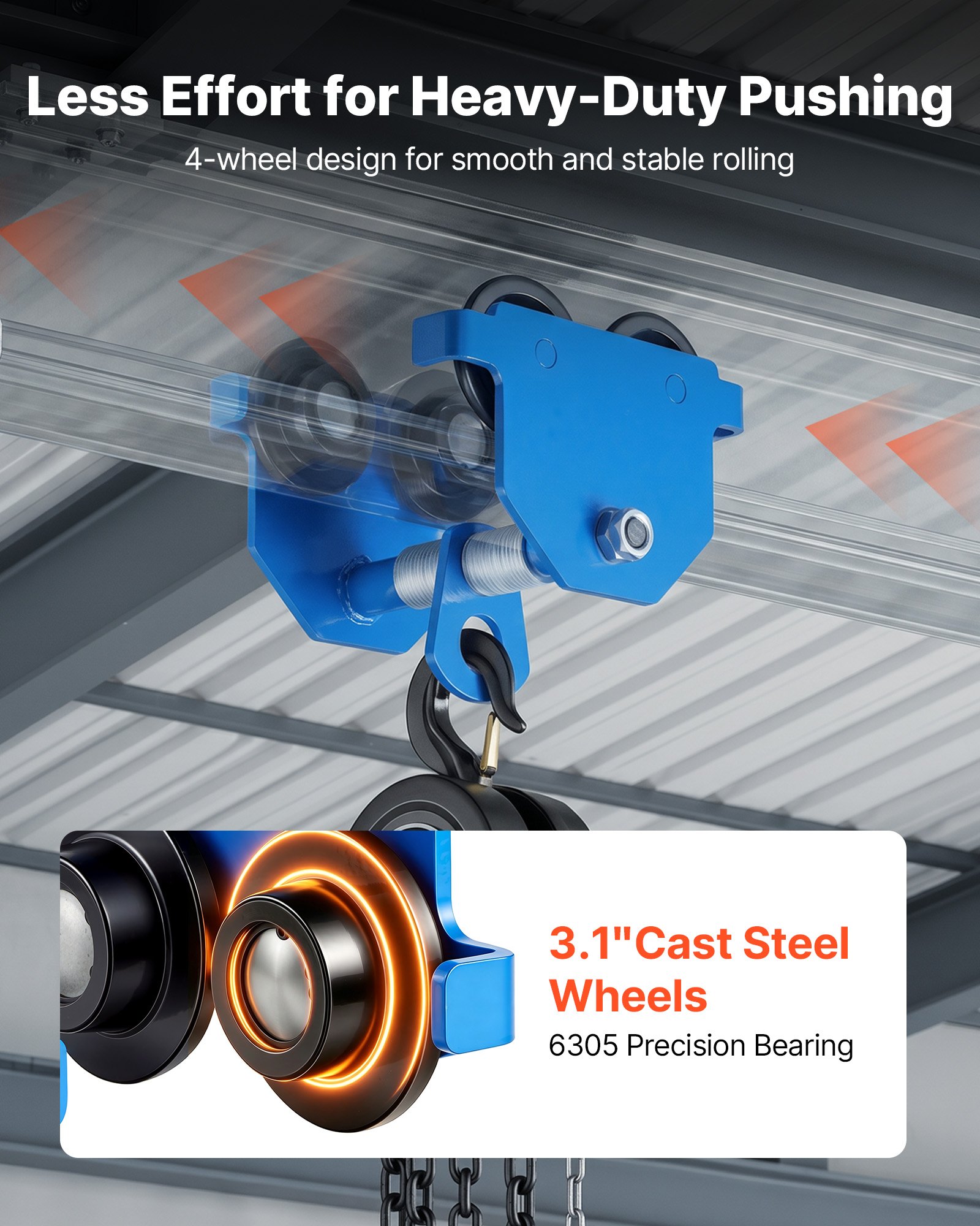 VEVOR Manual Trolley, 0.5 Ton Load Capacity, Push Beam Trolley with Dual Wheels, Adjustable for I-Beam Flange Width 53 mm to 140 mm, Heavy Duty Carbon Steel Garage Hoist for Straight & Curved I Beam