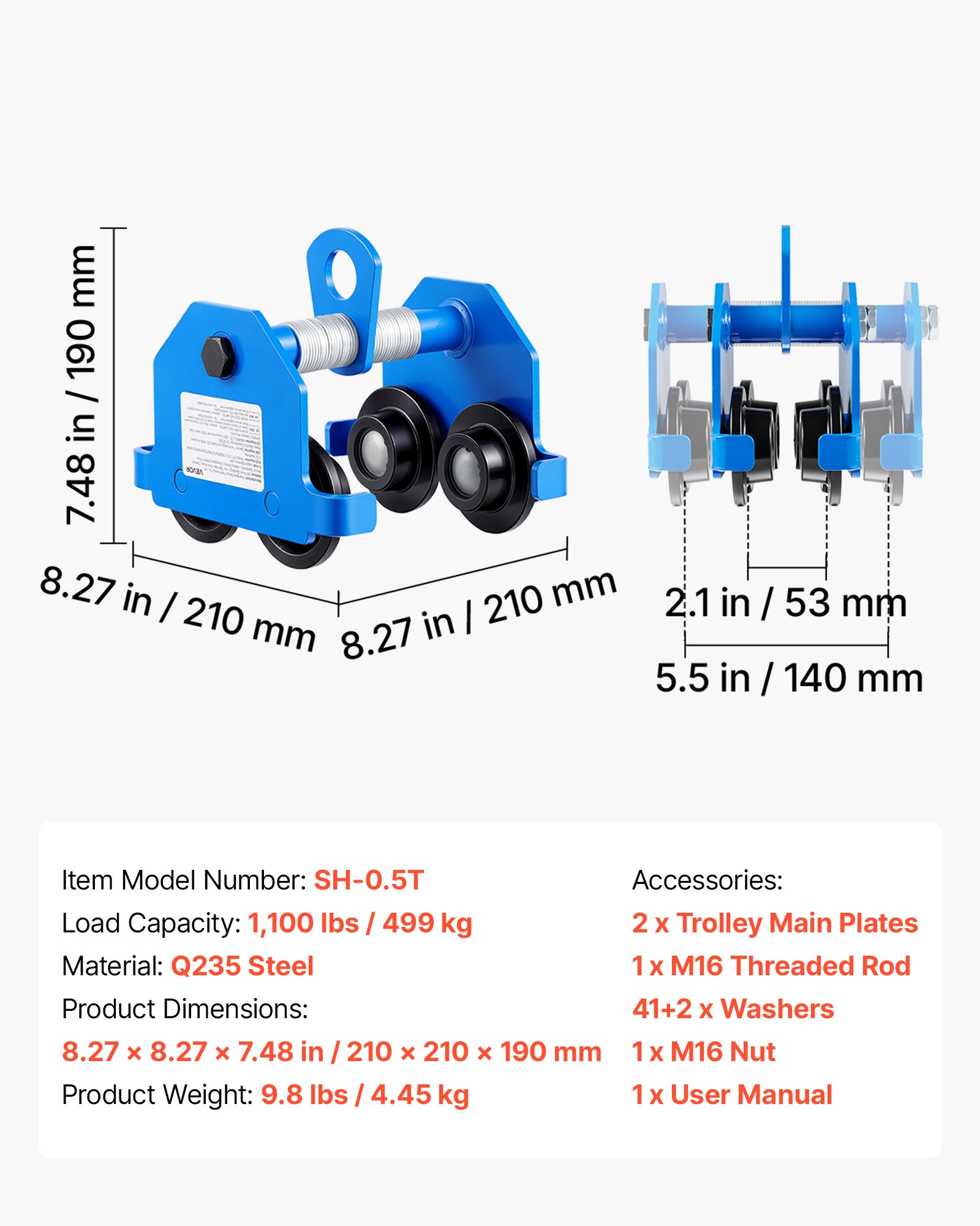 VEVOR Manual Trolley, 0.5 Ton Load Capacity, Push Beam Trolley with Dual Wheels, Adjustable for I-Beam Flange Width 53 mm to 140 mm, Heavy Duty Carbon Steel Garage Hoist for Straight & Curved I Beam