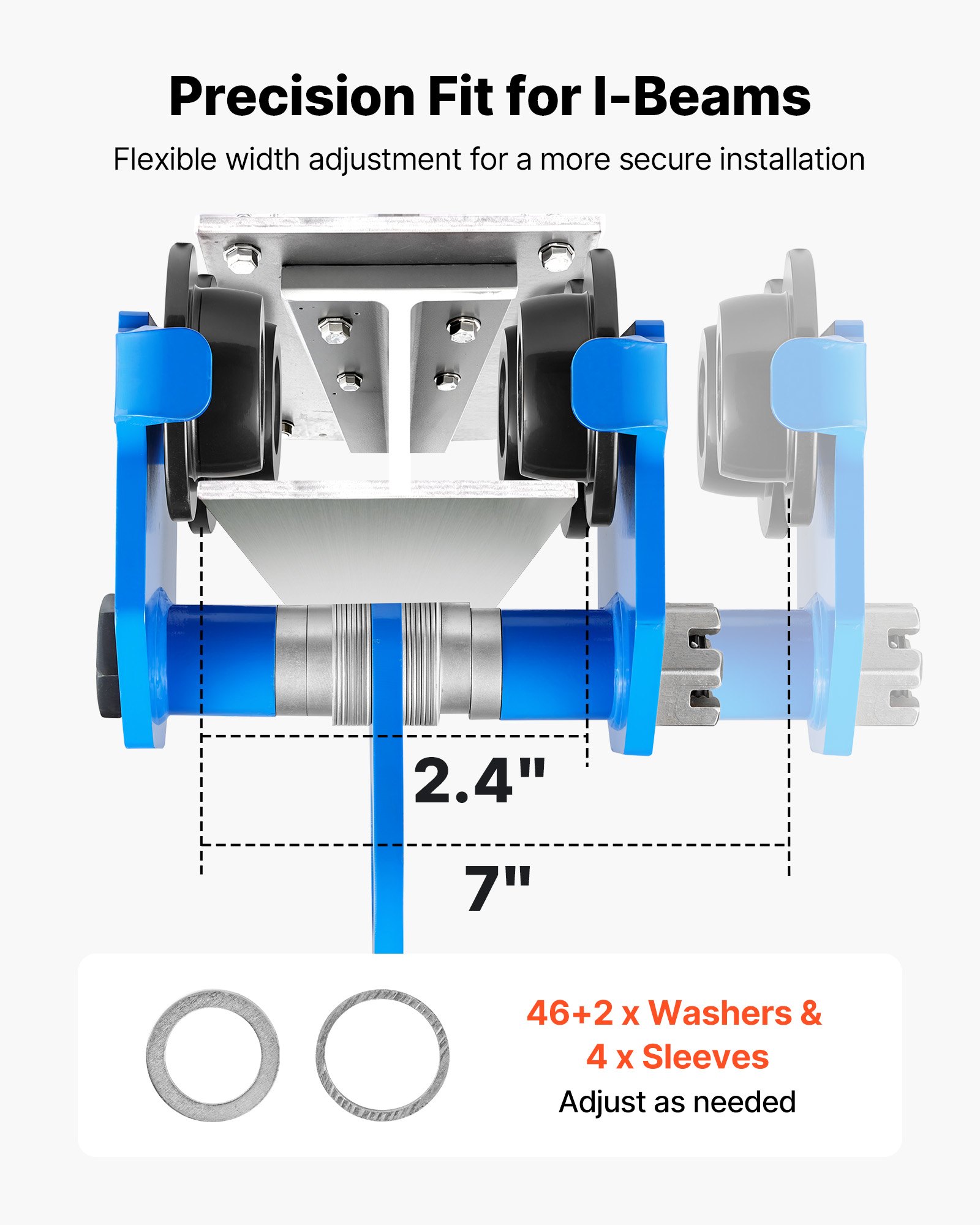 VEVOR Manual Trolley, 2 Ton Load Capacity, Push Beam Trolley with Dual Wheels, Adjustable for I-Beam Flange Width 61 mm to 178 mm, Heavy Duty Carbon Steel Garage Hoist for Straight & Curved I Beam