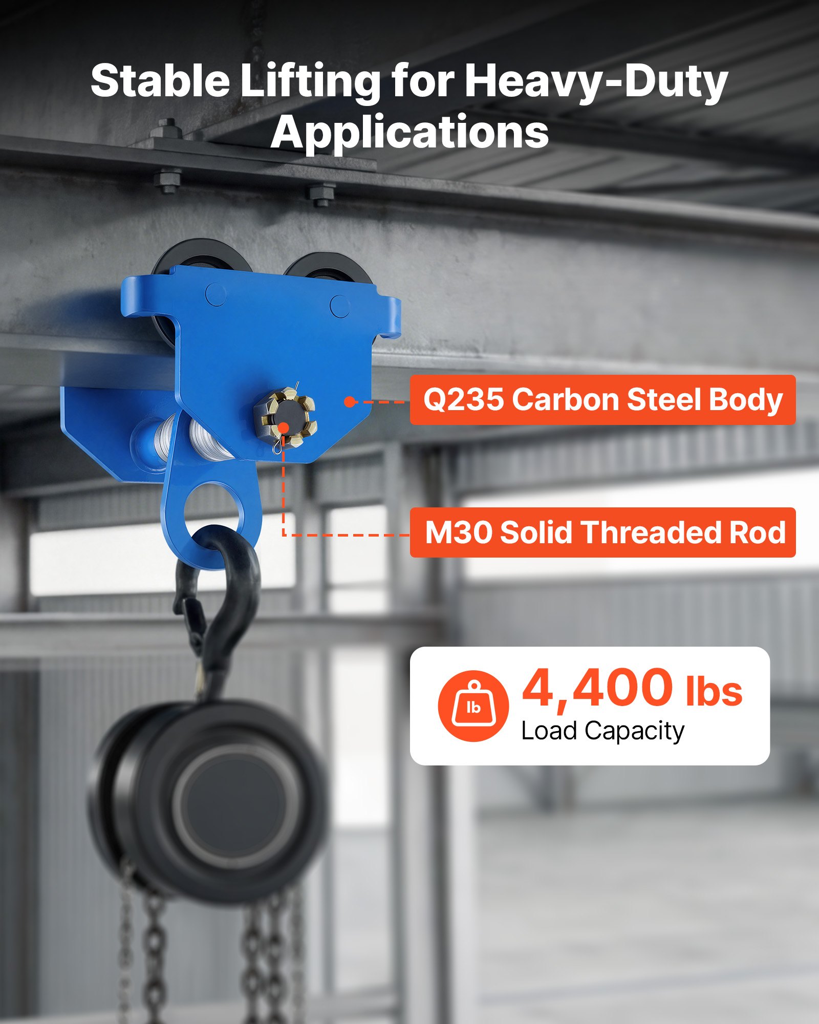 VEVOR Manual Trolley, 2 Ton Load Capacity, Push Beam Trolley with Dual Wheels, Adjustable for I-Beam Flange Width 61 mm to 178 mm, Heavy Duty Carbon Steel Garage Hoist for Straight & Curved I Beam
