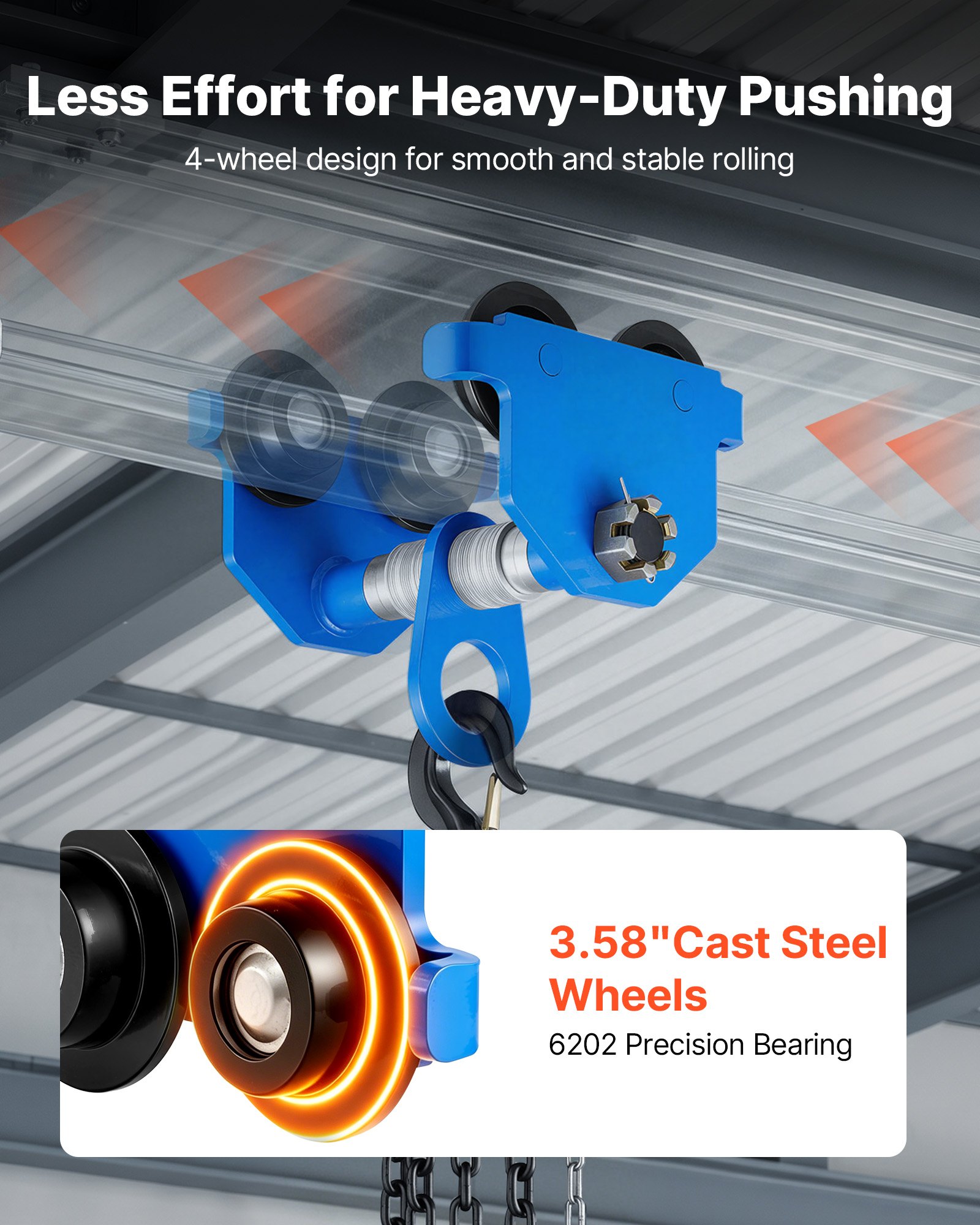 VEVOR Manual Trolley, 2 Ton Load Capacity, Push Beam Trolley with Dual Wheels, Adjustable for I-Beam Flange Width 61 mm to 178 mm, Heavy Duty Carbon Steel Garage Hoist for Straight & Curved I Beam