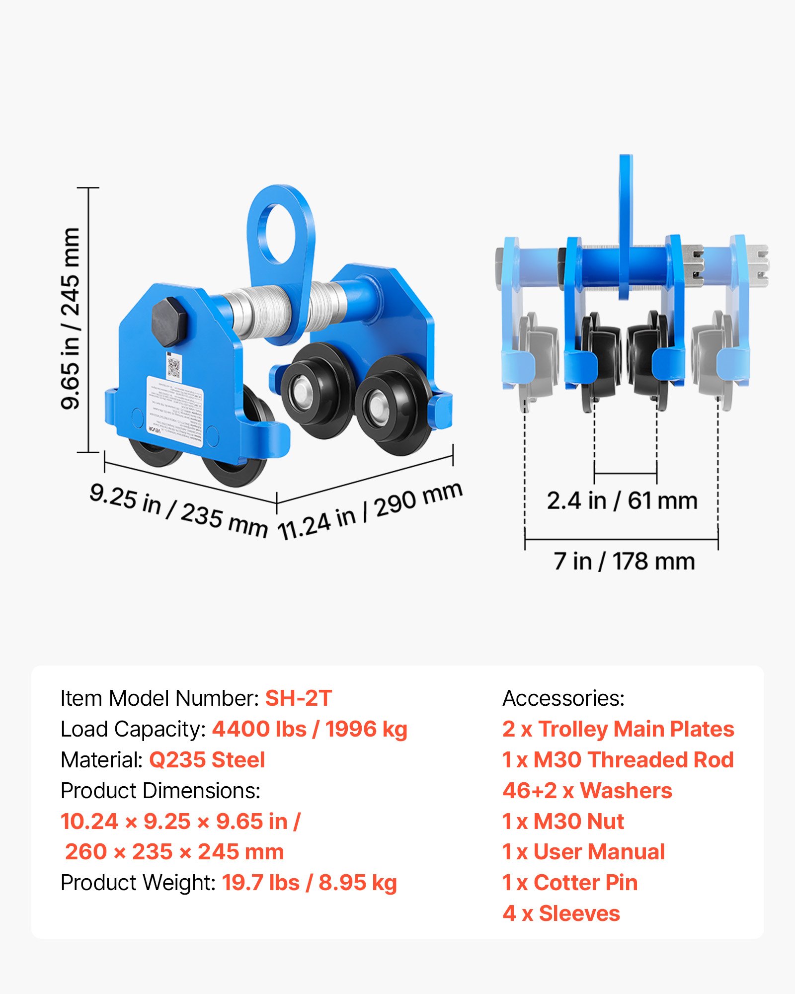 VEVOR Manual Trolley, 2 Ton Load Capacity, Push Beam Trolley with Dual Wheels, Adjustable for I-Beam Flange Width 61 mm to 178 mm, Heavy Duty Carbon Steel Garage Hoist for Straight & Curved I Beam