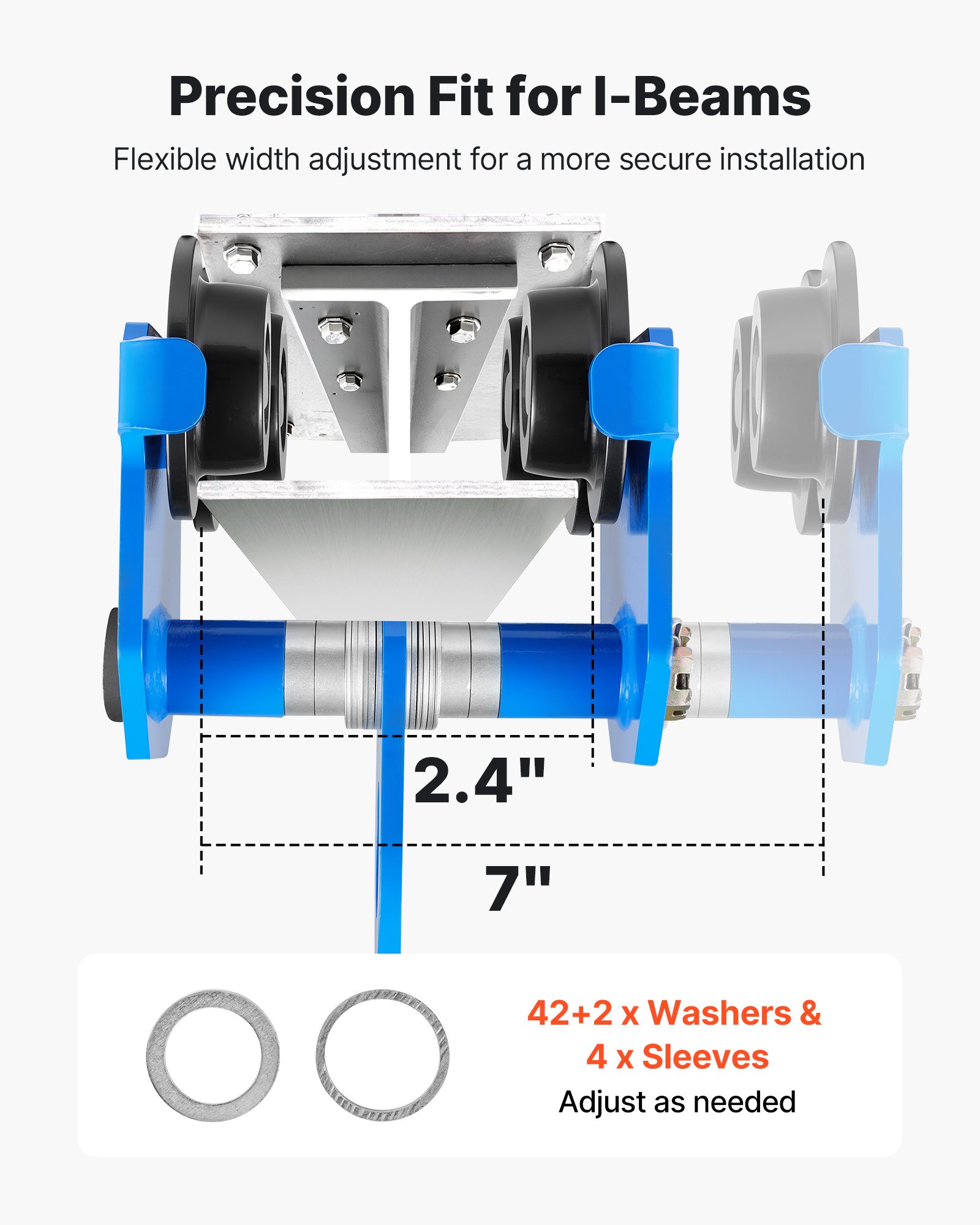 VEVOR Manual Trolley, 1 Ton Load Capacity, Push Beam Trolley with Dual Wheels, Adjustable for I-Beam Flange Width 61 mm to 178 mm, Heavy Duty Carbon Steel Garage Hoist for Straight & Curved I Beam