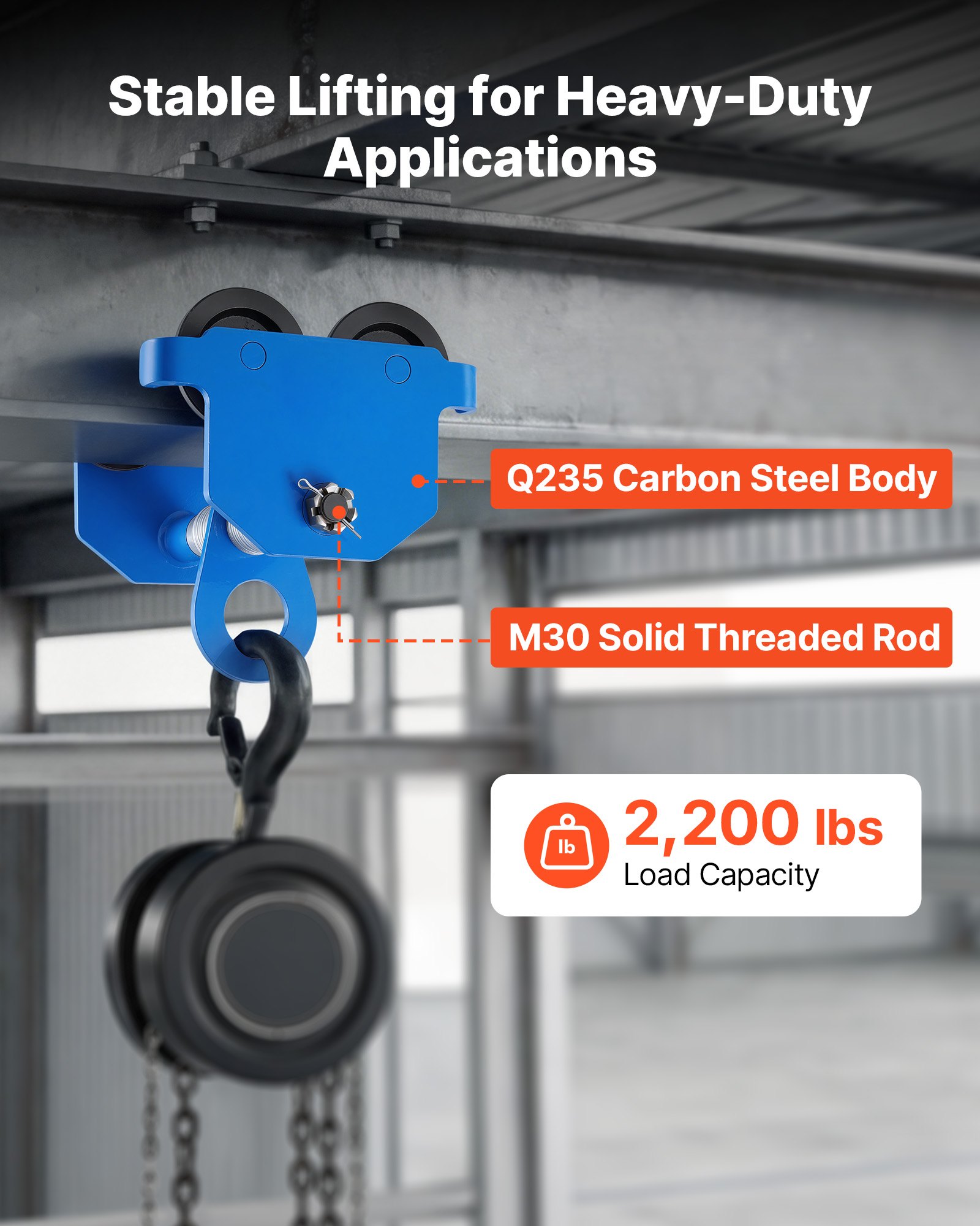 VEVOR Manual Trolley, 1 Ton Load Capacity, Push Beam Trolley with Dual Wheels, Adjustable for I-Beam Flange Width 61 mm to 178 mm, Heavy Duty Carbon Steel Garage Hoist for Straight & Curved I Beam