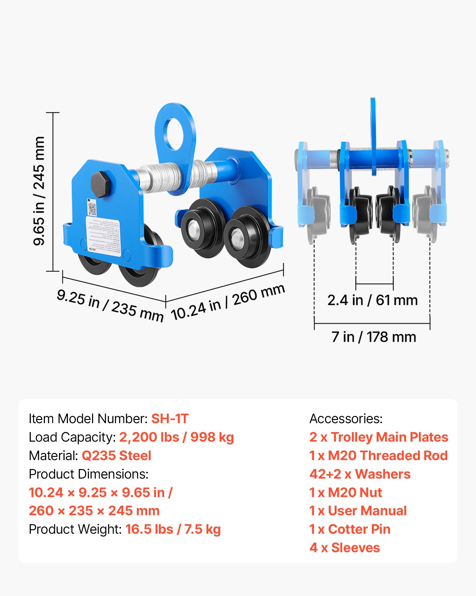 VEVOR Manual Trolley, 1 Ton Load Capacity, Push Beam Trolley with Dual Wheels, Adjustable for I-Beam Flange Width 61 mm to 178 mm, Heavy Duty Carbon Steel Garage Hoist for Straight & Curved I Beam