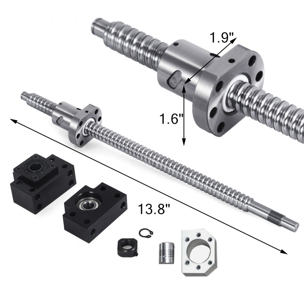 VEVOR Husillo de bolas SFU1605 350 mm, kit de husillo de bolas Anti-retroceso RM1605 350 mm Husillos de bolas + 1 juego BK y BF12 Soporte Ballnut + Acopladores, Husillos de bolas para máquina CNC