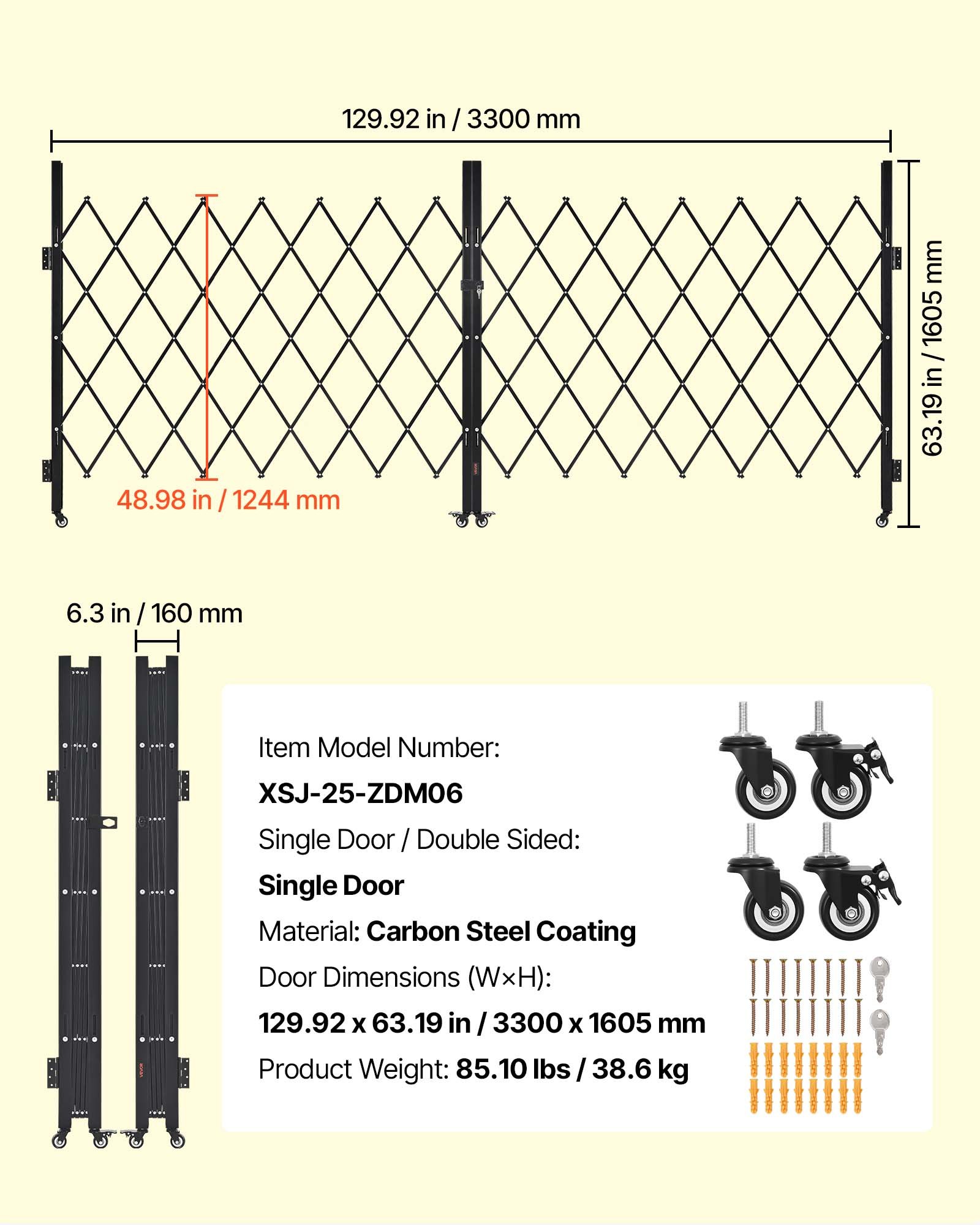 VEVOR Double Folding Security Gate, Lockable Scissor Gate with 360° Swivel Casters, Outdoor Barricade Steel Retractable Gates, for Entry Security, Garage, Warehouse & Pool, 129.92 x 63.19 in (W x H)